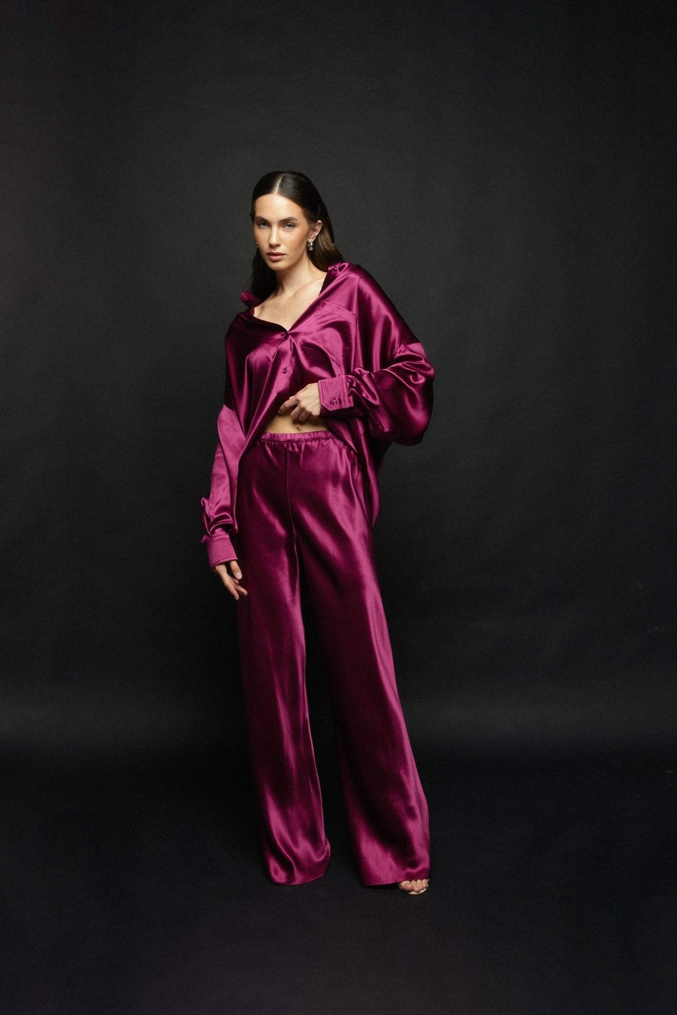 Pure Silk Blouse with Trousers Set in Burgundy - NiSO