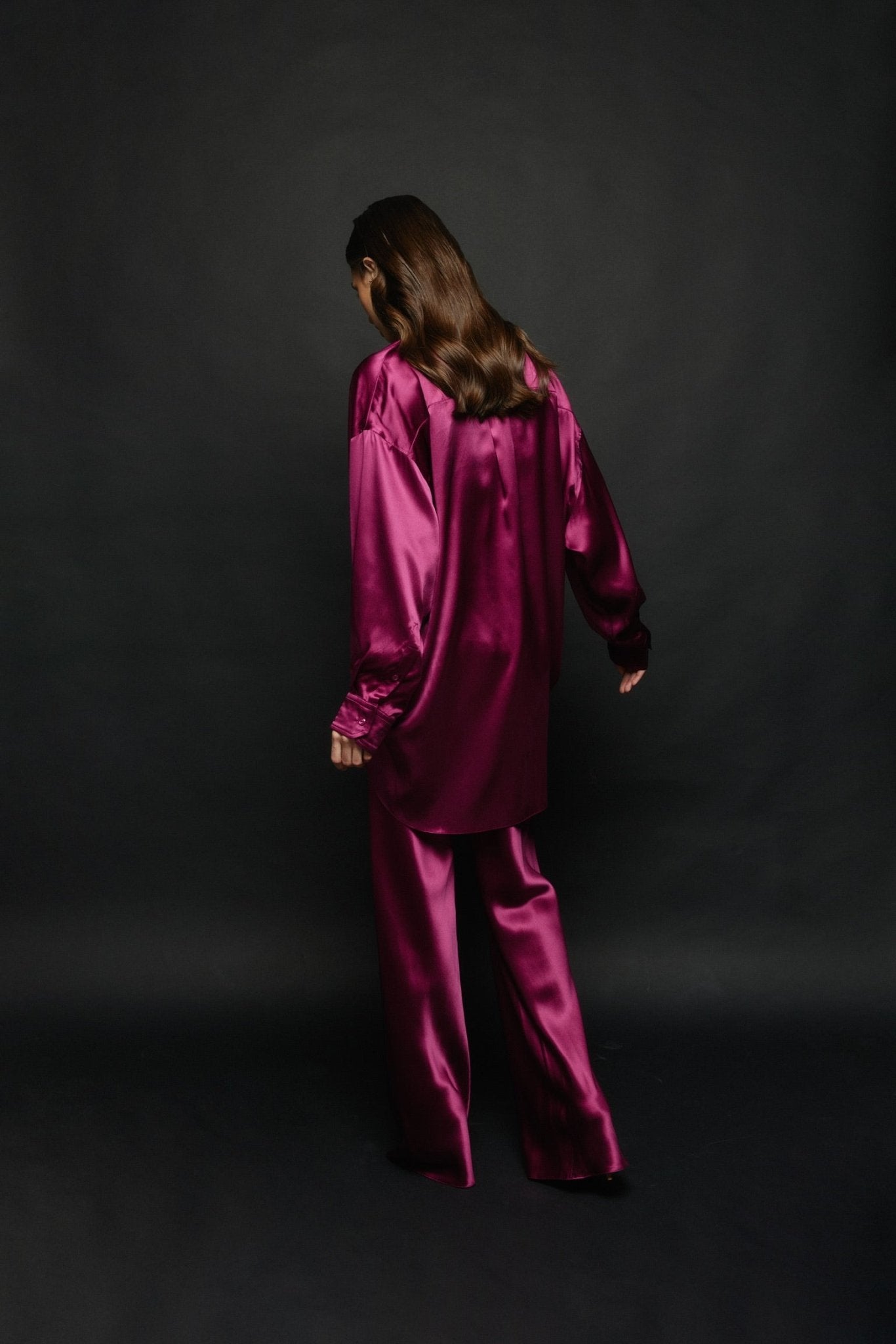 Pure Silk Blouse with Trousers Set in Burgundy - NiSO