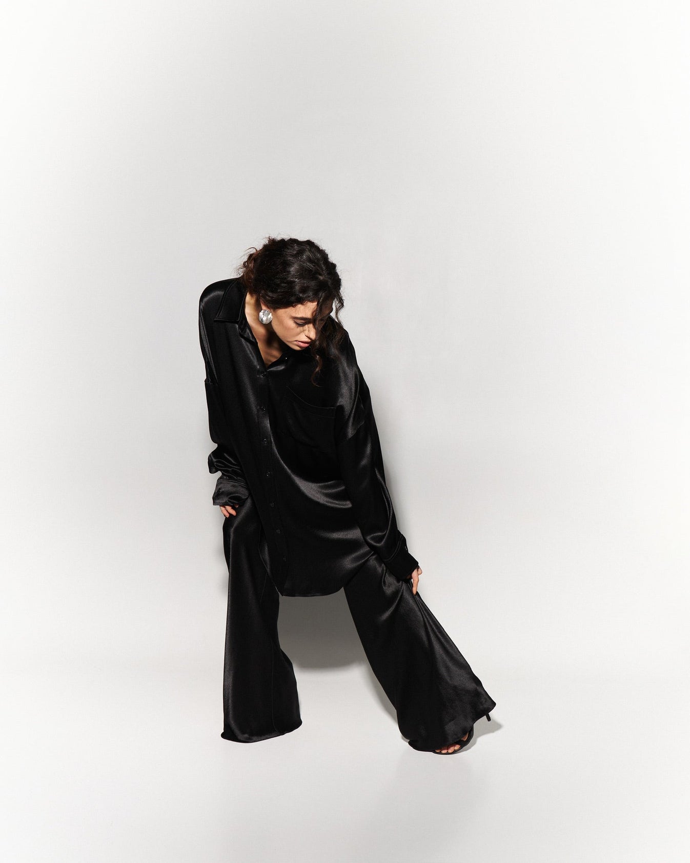 Silk Blouse with Trousers Set in Black - NiSO