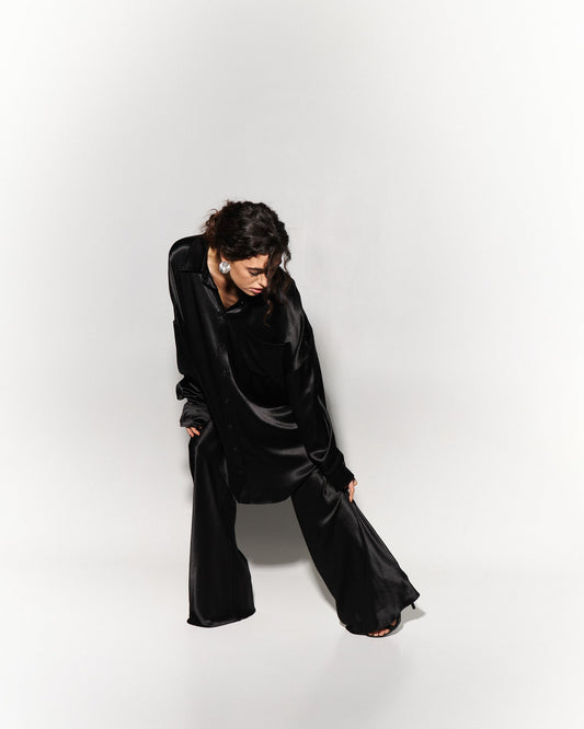Silk Blouse with Trousers Set in Black - NiSO