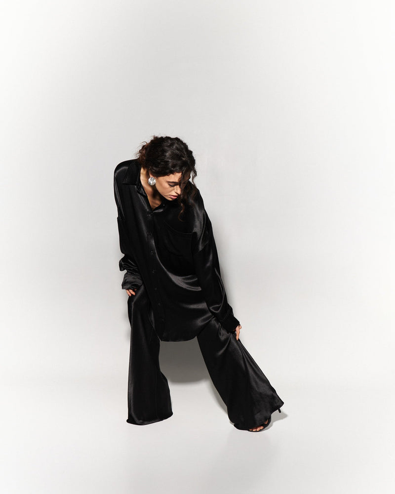 Silk Blouse with Trousers Set in Black - NiSO