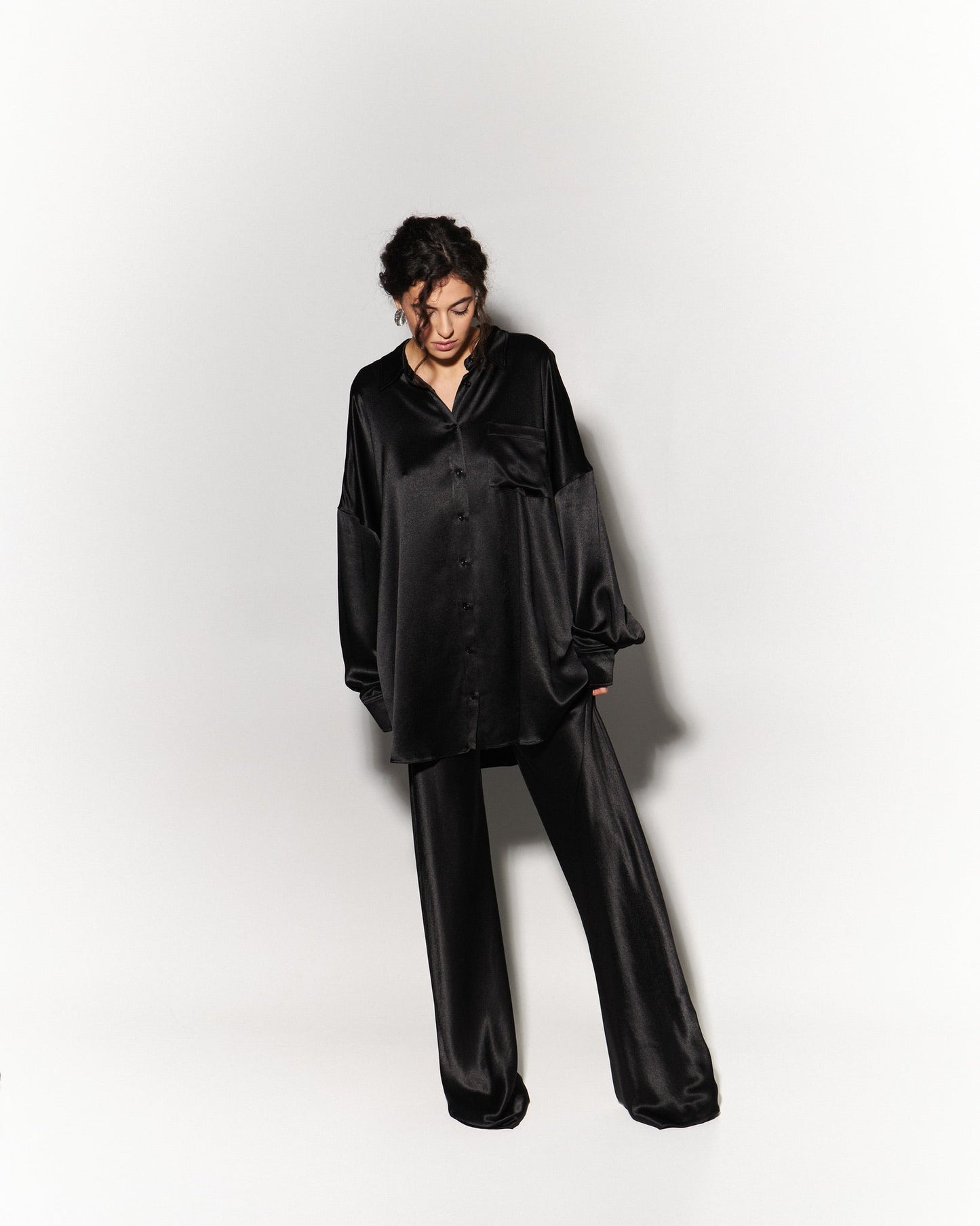 Silk Blouse with Trousers Set in Black - NiSO