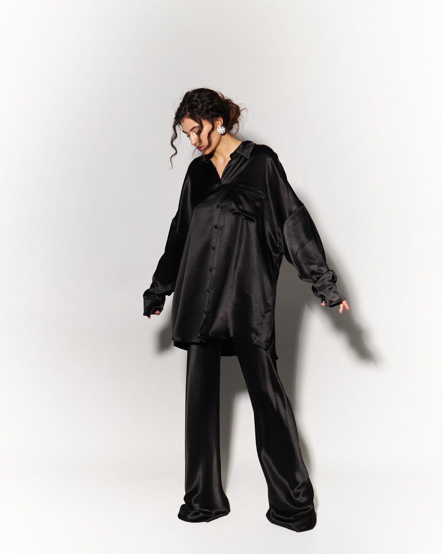 Silk Blouse with Trousers Set in Black - NiSO