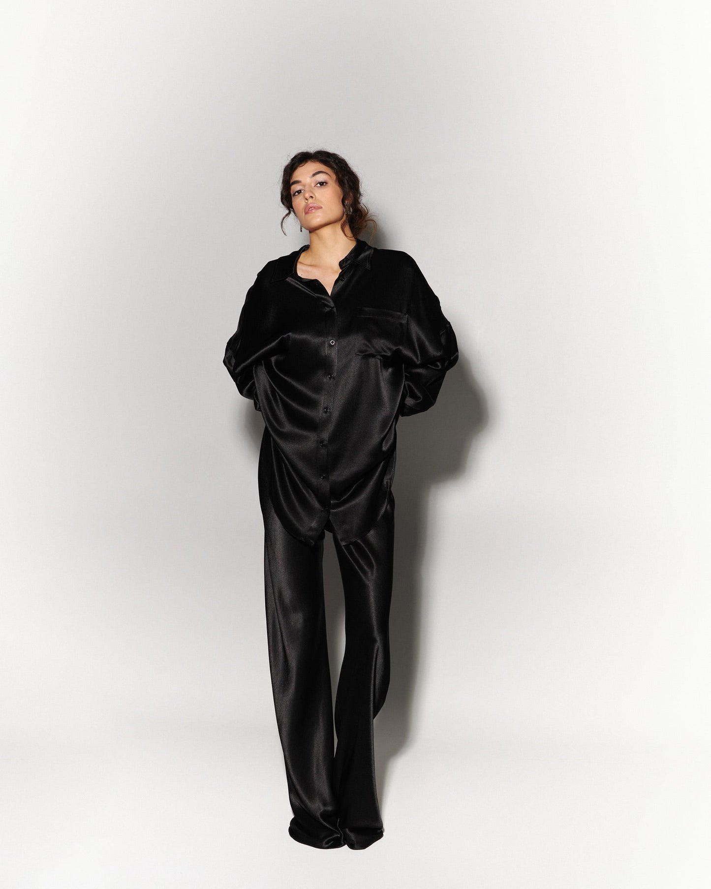 Silk Blouse with Trousers Set in Black - NiSO