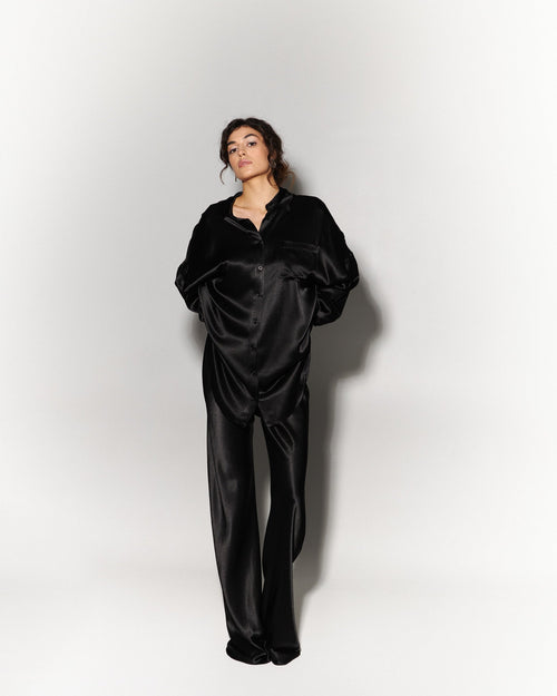Silk Blouse with Trousers Set in Black - NiSO