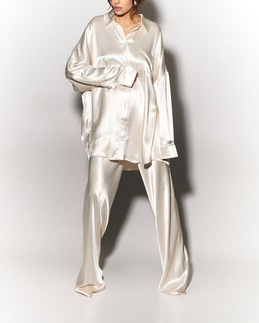 Silk Blouse with Trousers Set in White - NiSO