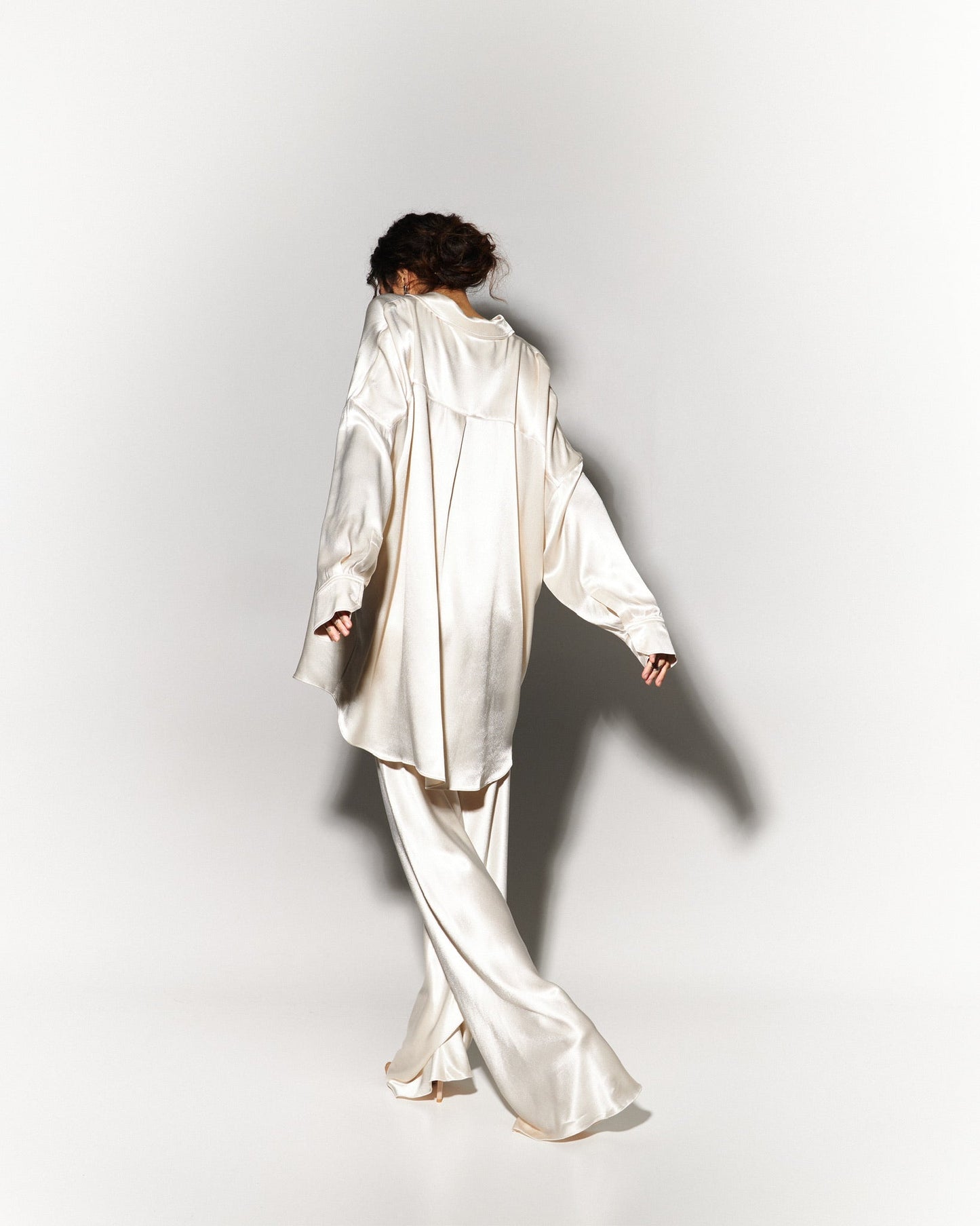 Silk Blouse with Trousers Set in White - NiSO