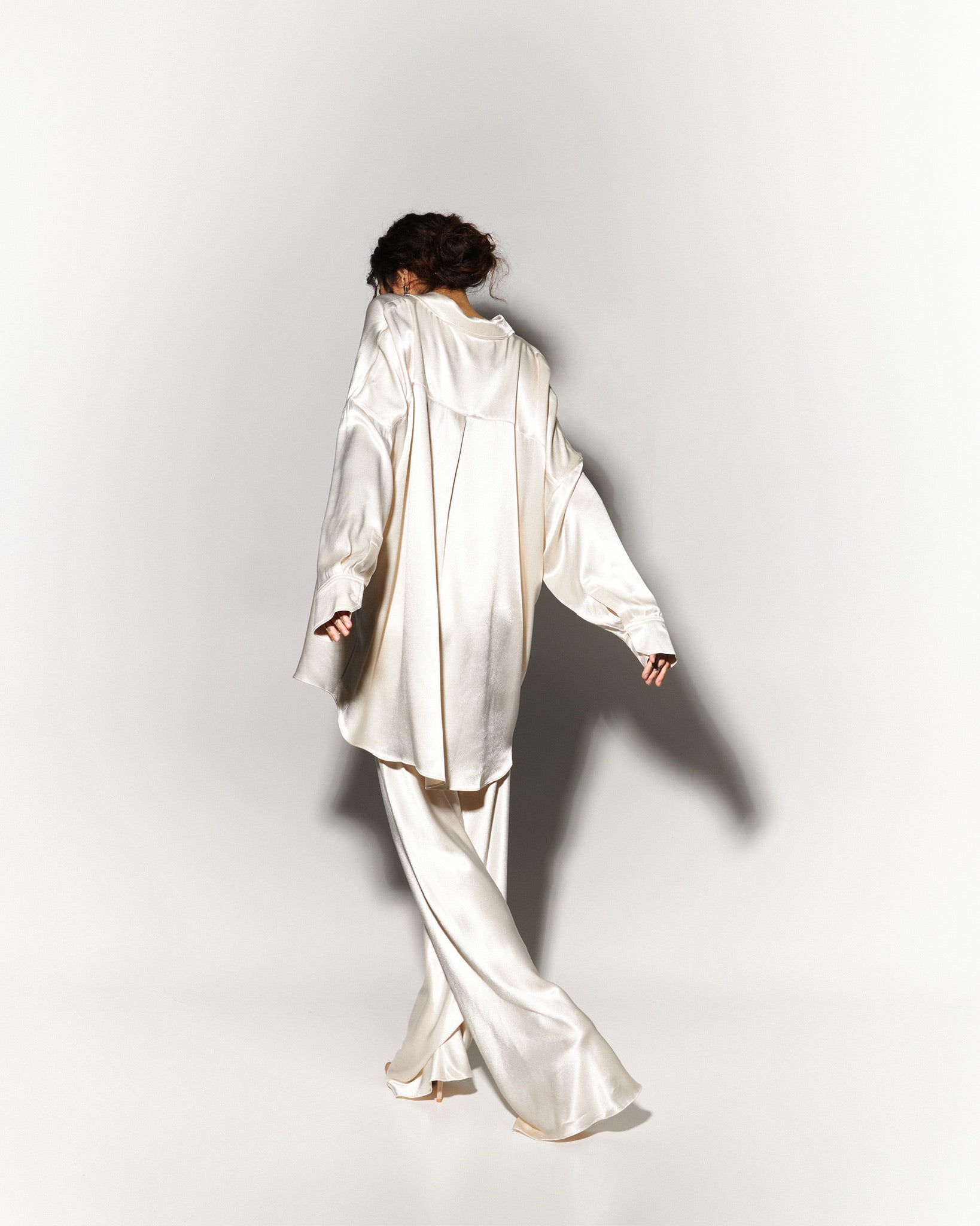 Silk Blouse with Trousers Set in White - NiSO