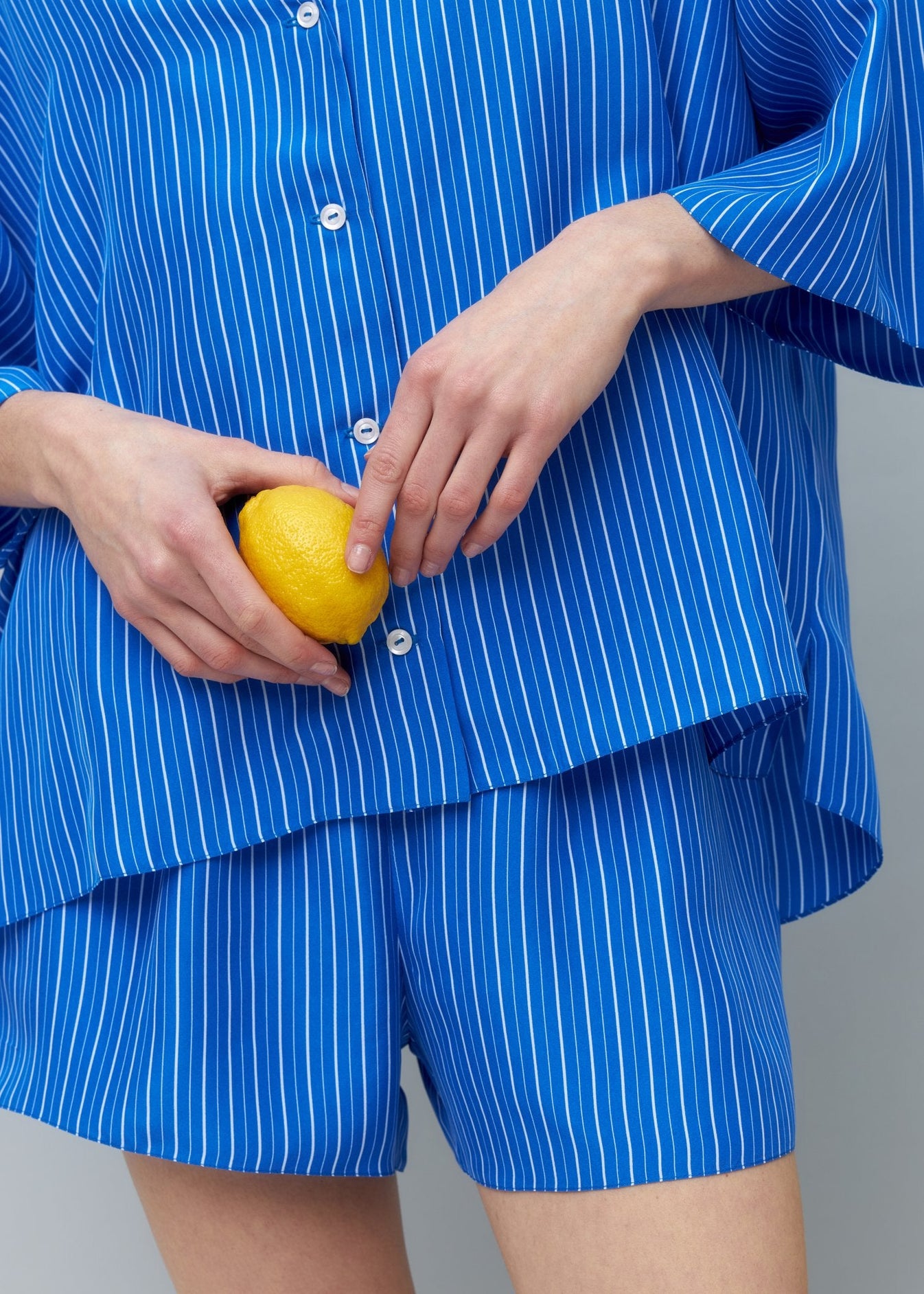 Pure Silk Blouse and Shorts Set in Blue with Stripes NiSO