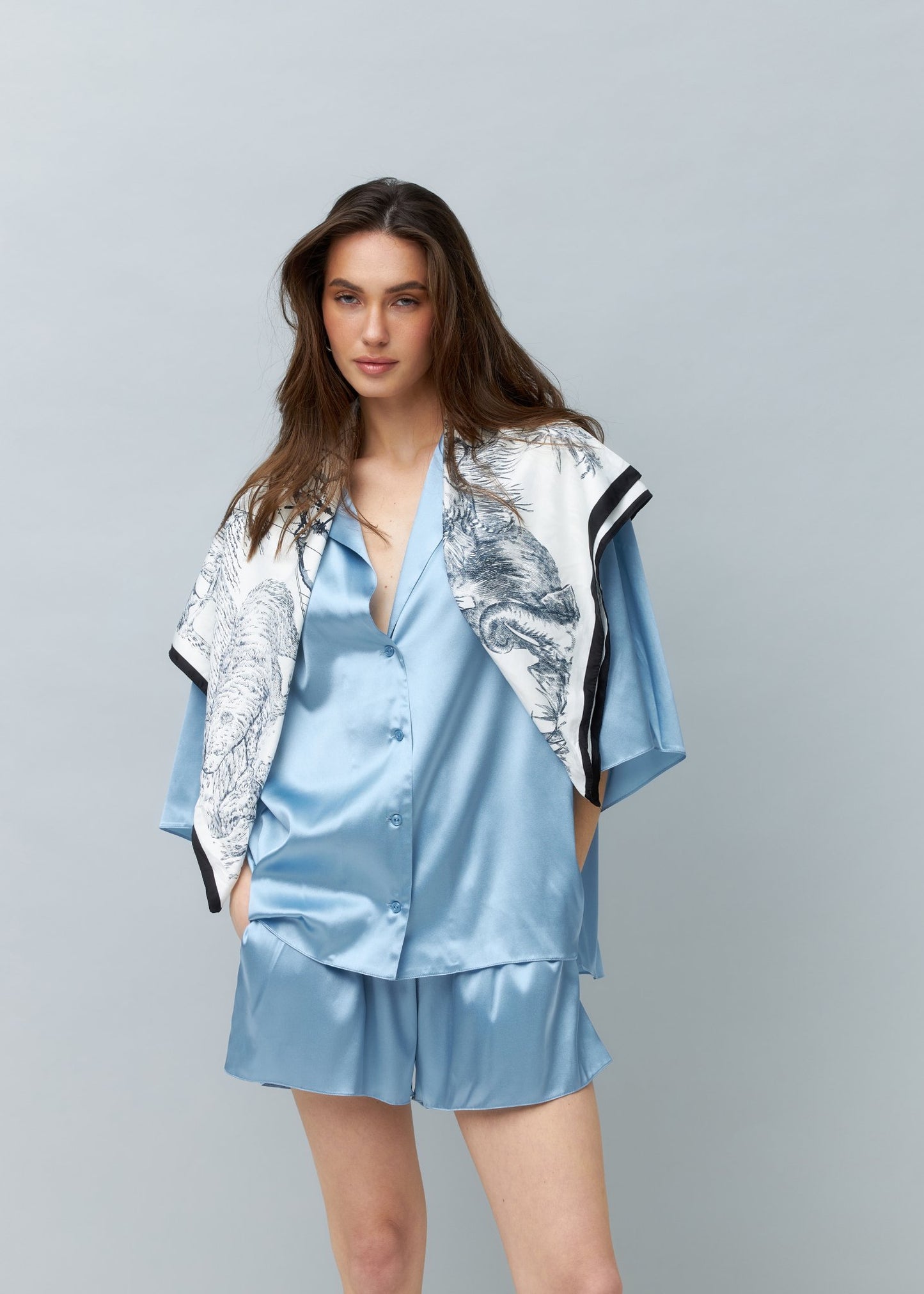 Pure Silk Blouse and Shorts Set in Light Blue