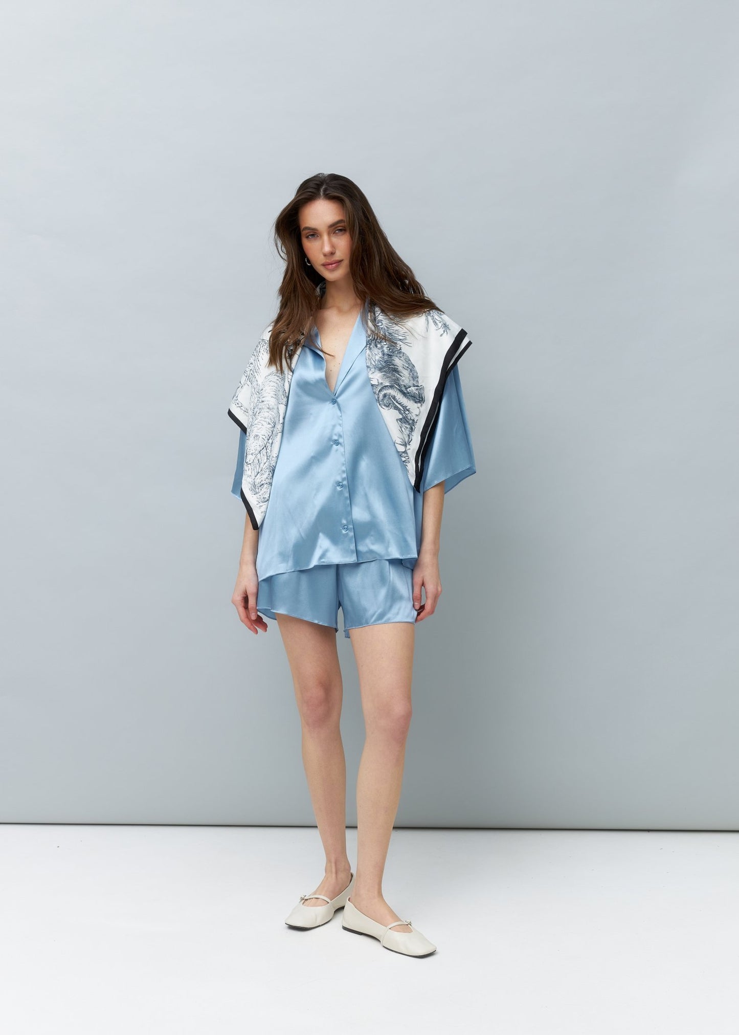 Pure Silk Blouse and Shorts Set in Light Blue