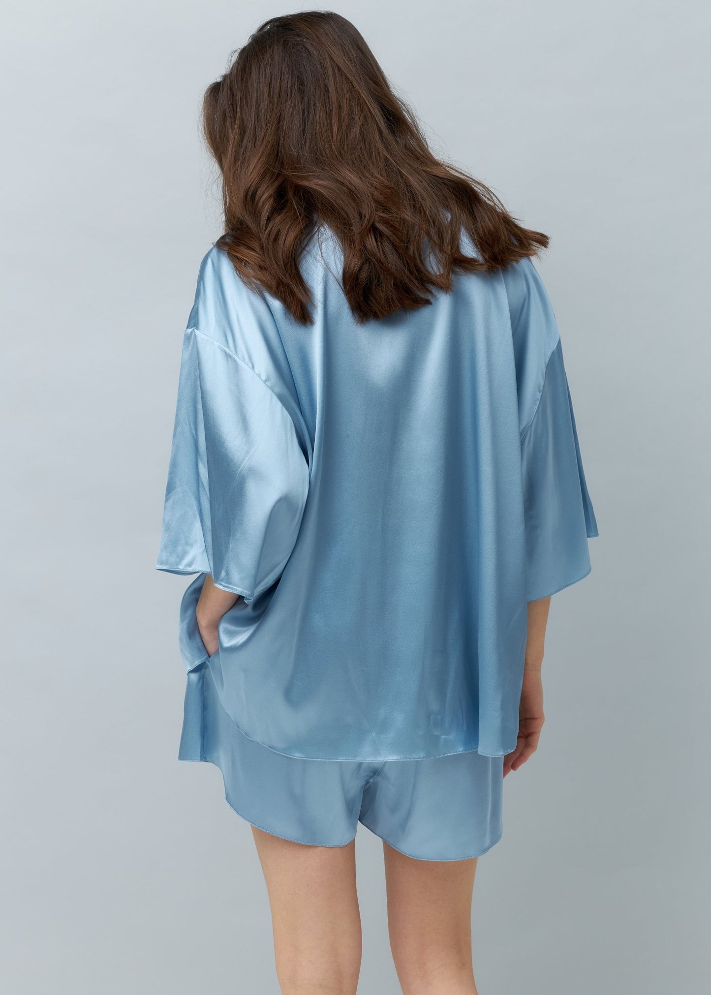 Pure Silk Blouse and Shorts Set in Light Blue
