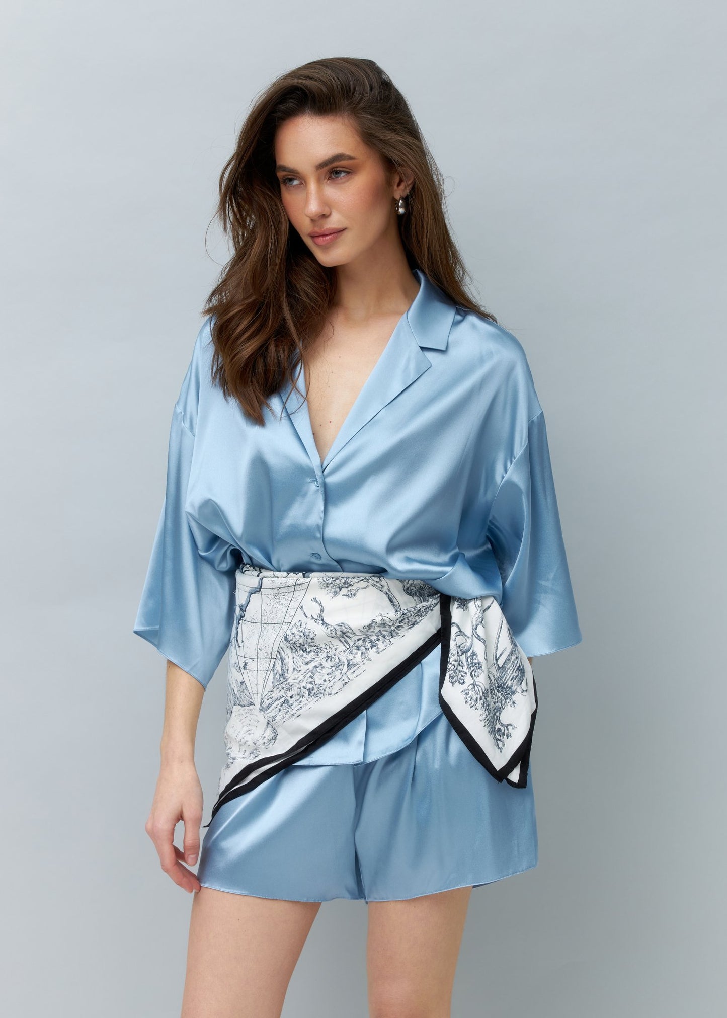 Pure Silk Blouse and Shorts Set in Light Blue