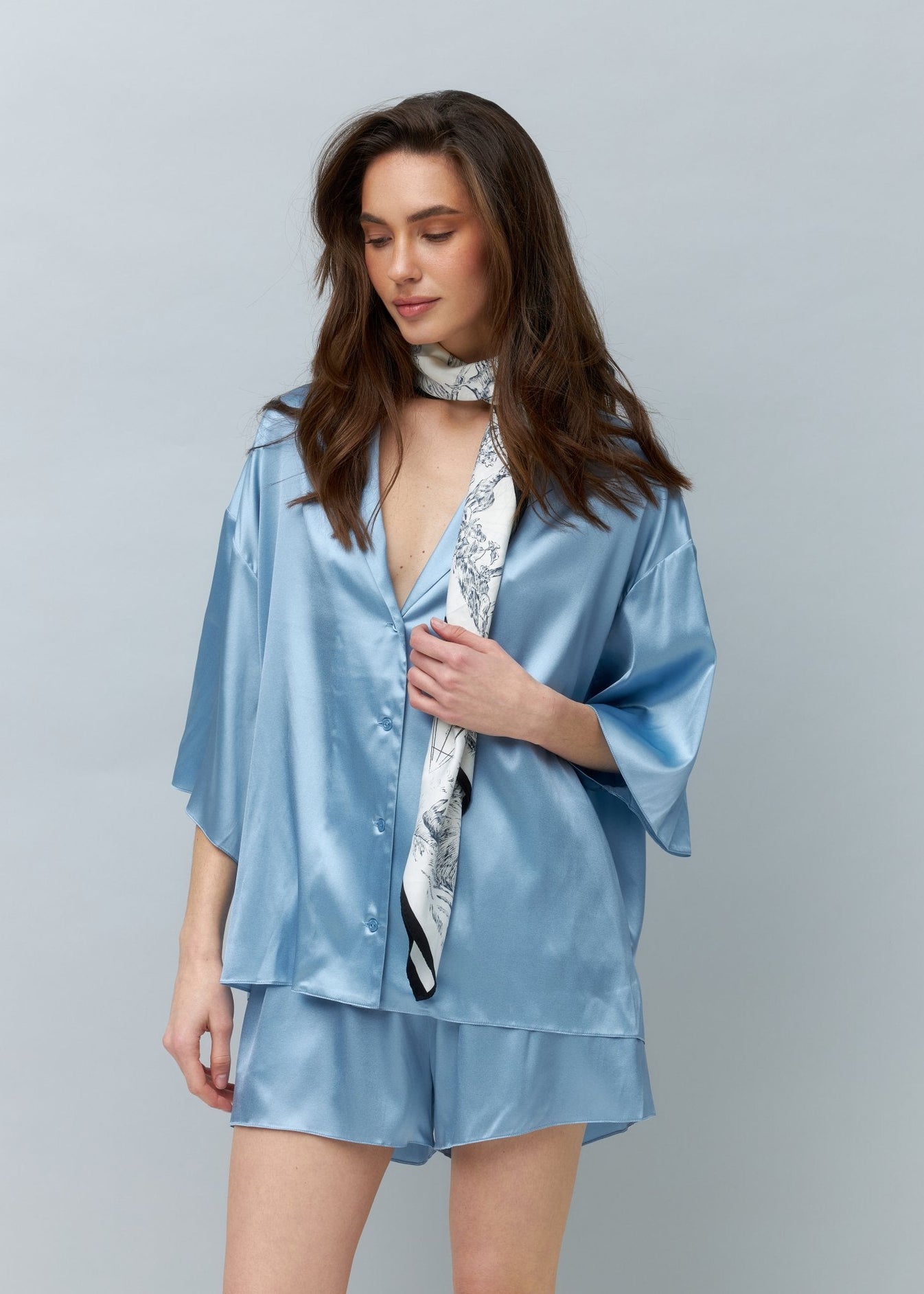 Pure Silk Blouse and Shorts Set in Light Blue NiSO