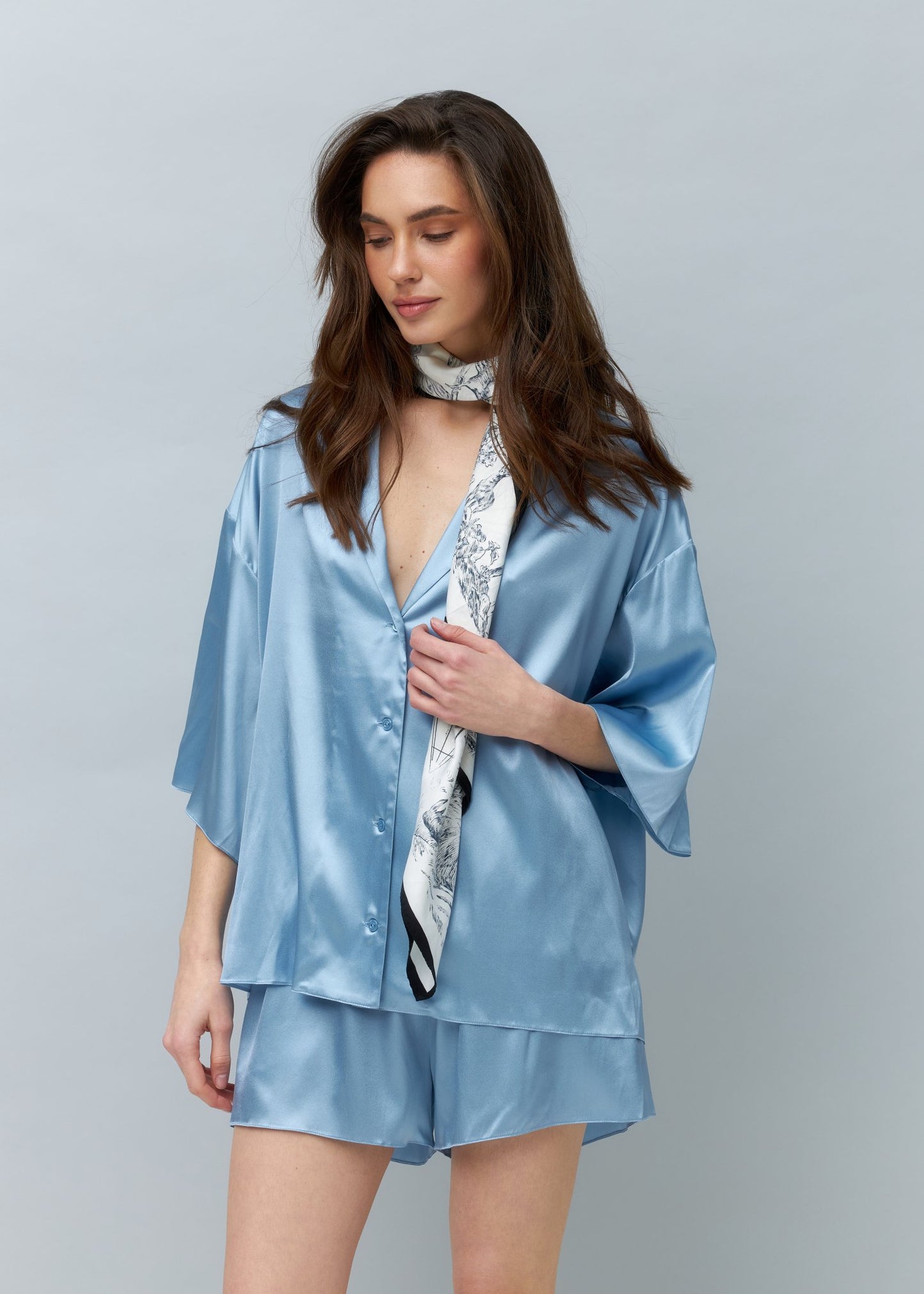 Pure Silk Blouse and Shorts Set in Light Blue