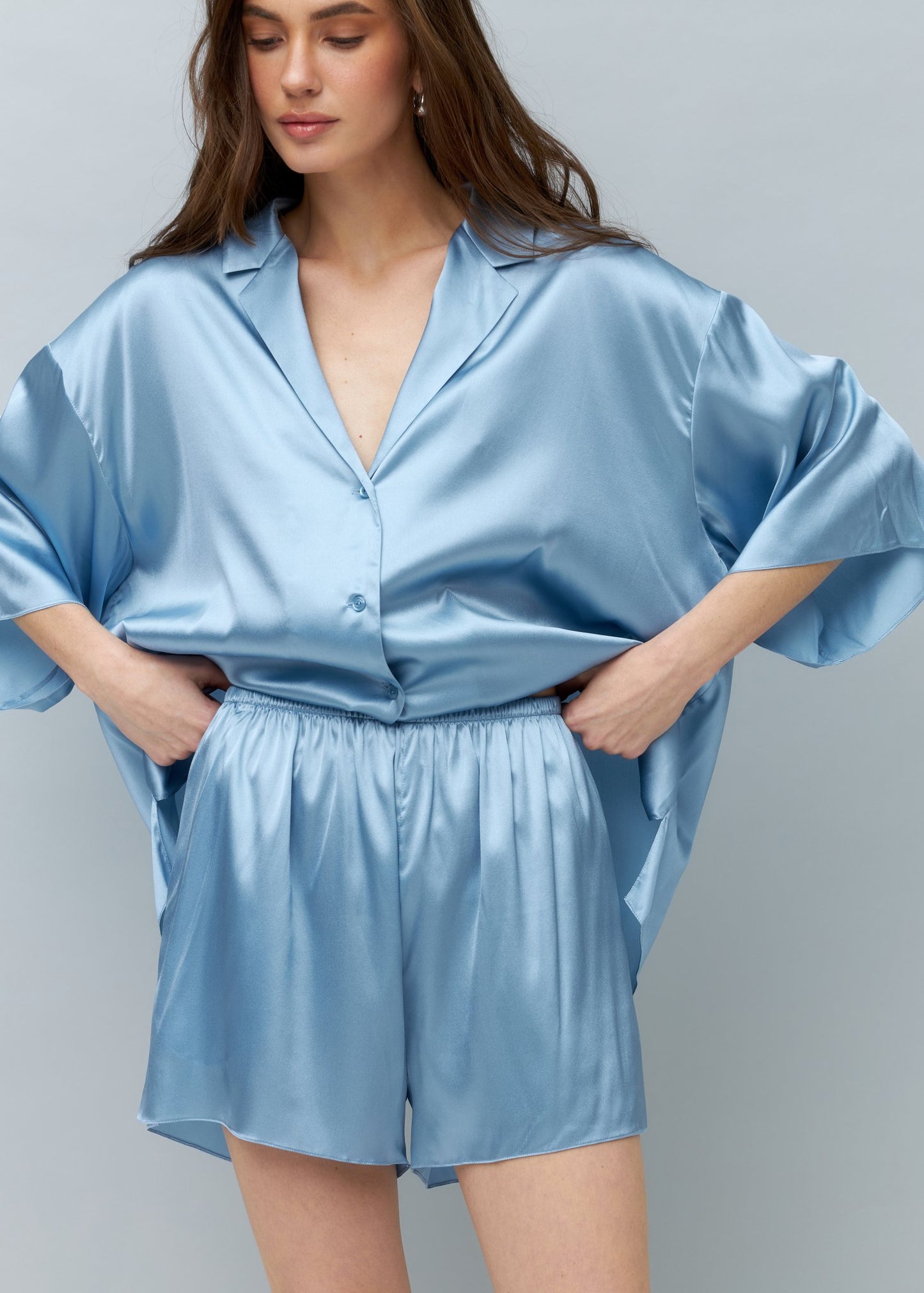 Pure Silk Blouse and Shorts Set in Light Blue