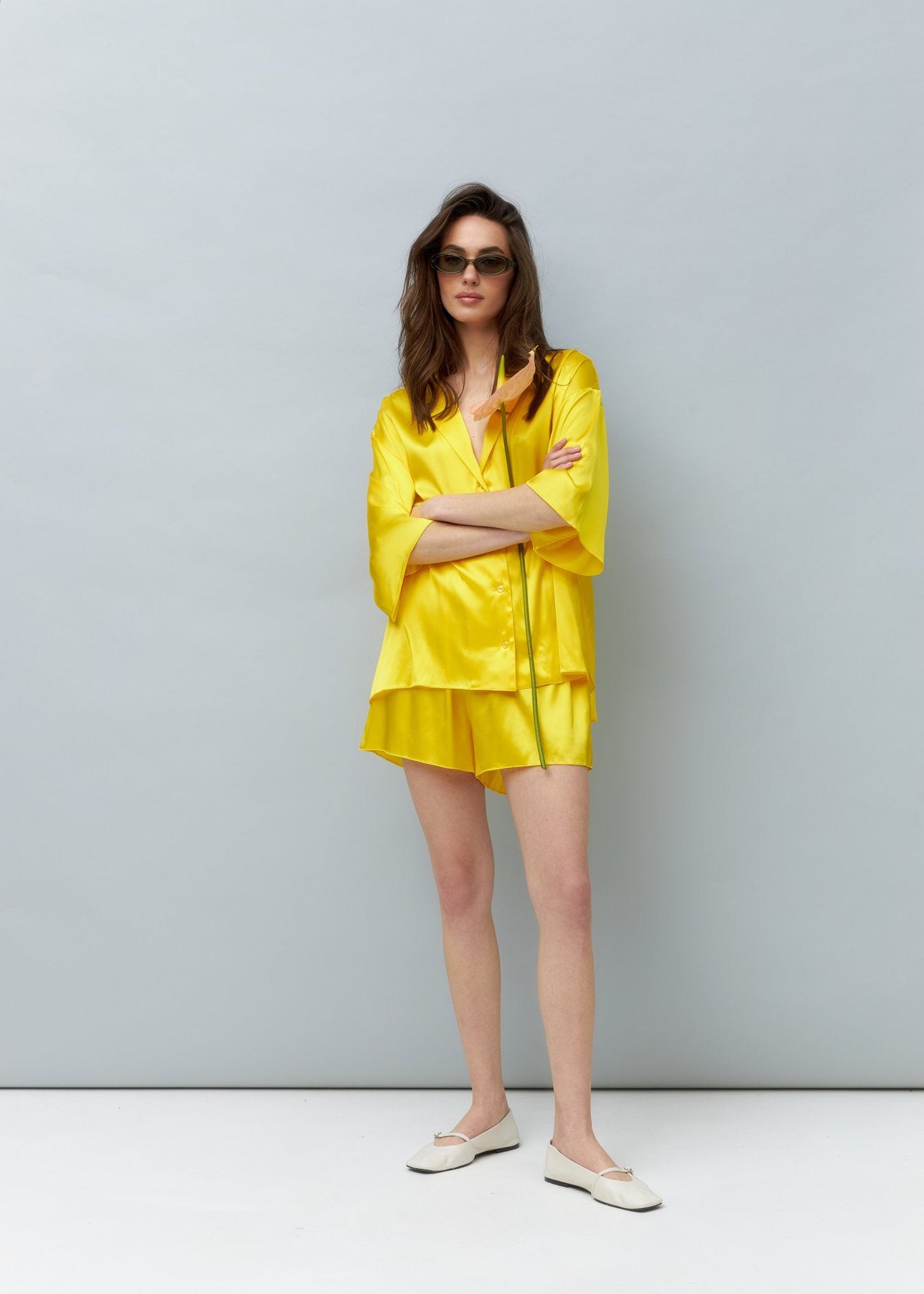 Pure Silk Blouse and Shorts Set in Yellow NiSO