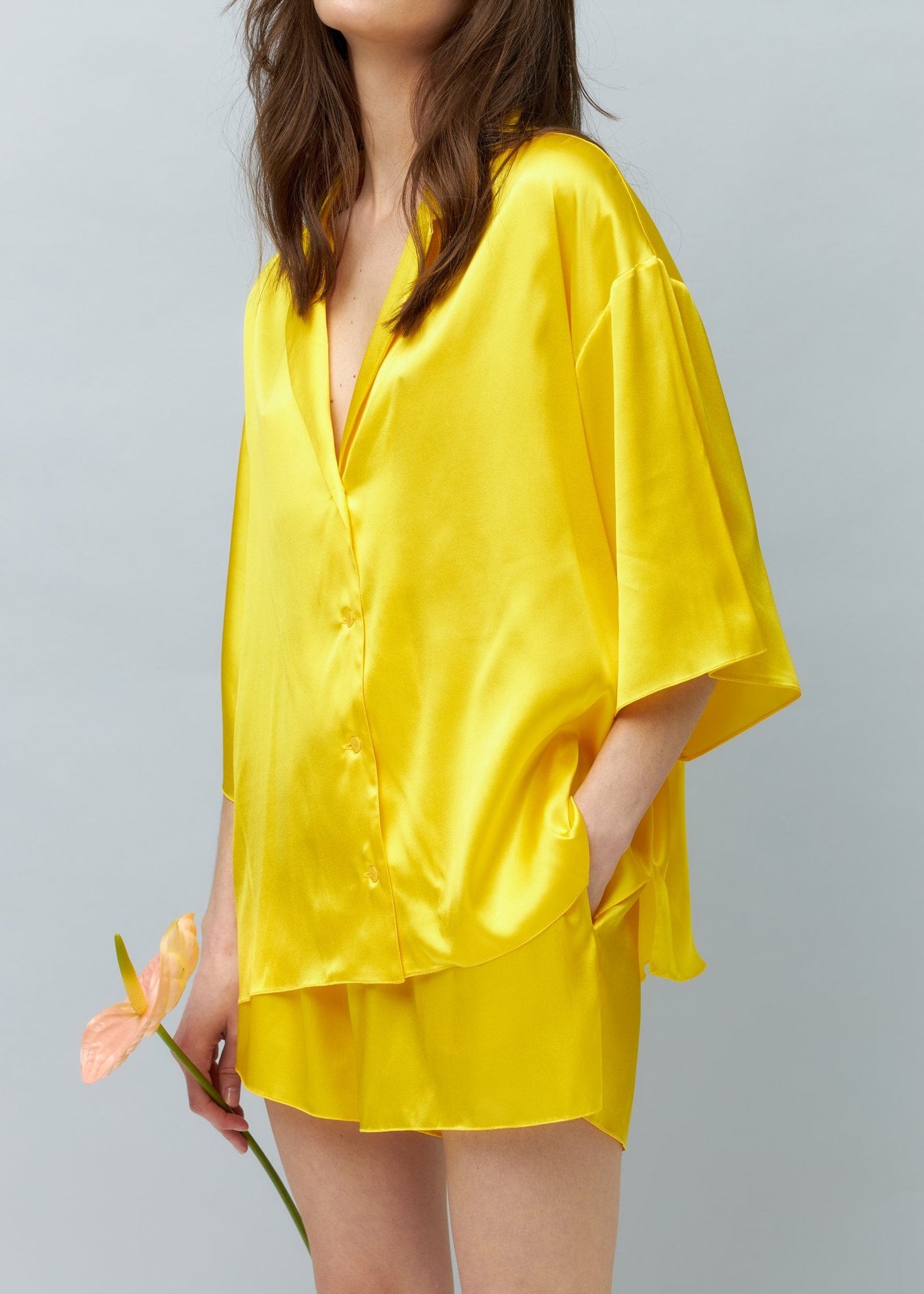 Pure Silk Blouse and Shorts Set in Yellow NiSO