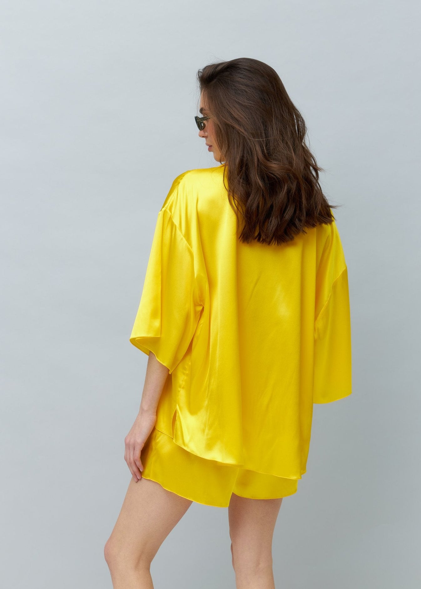 Pure Silk Blouse and Shorts Set in Yellow NiSO