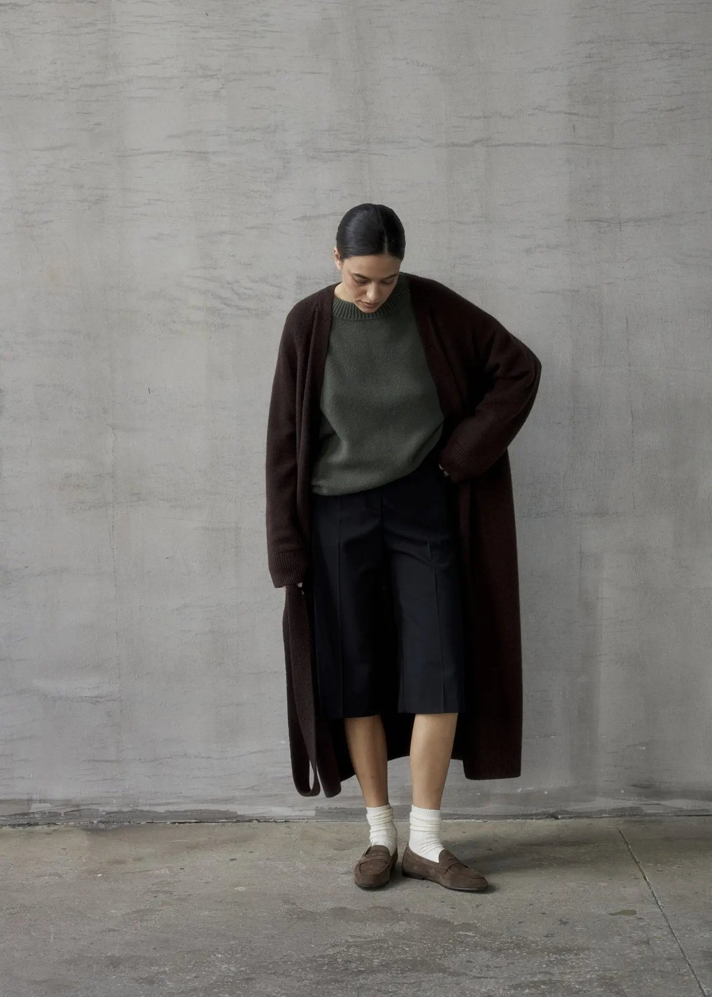 Long Cashmere Cardigan with Belt in Brown - NiSO