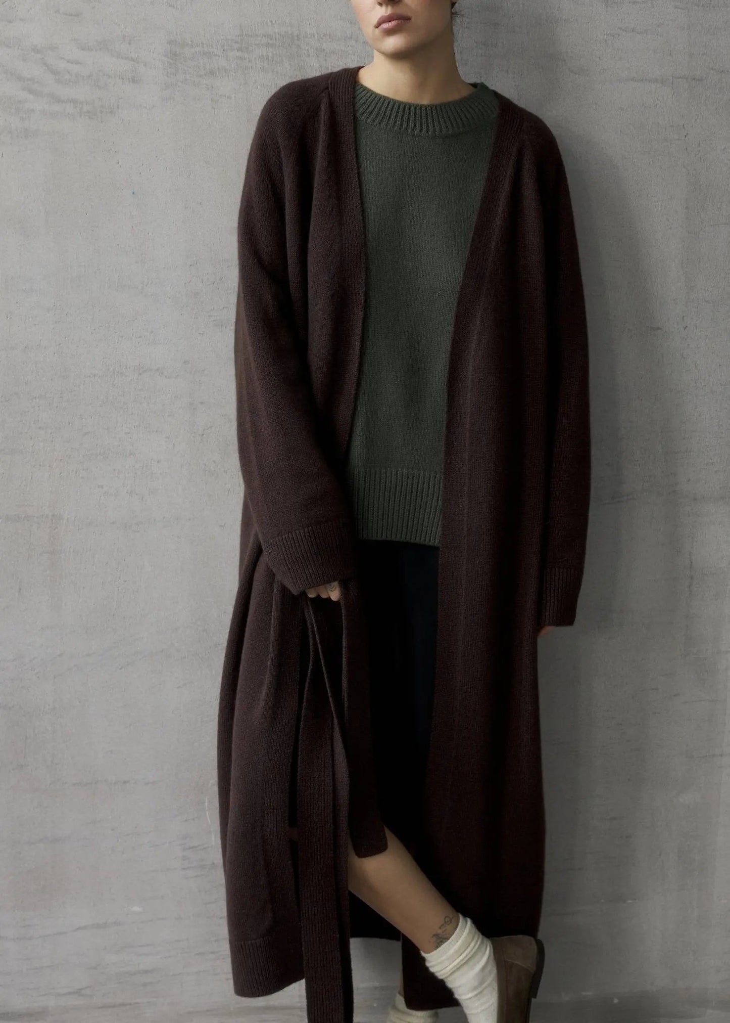Long Cashmere Cardigan with Belt in Brown - NiSO