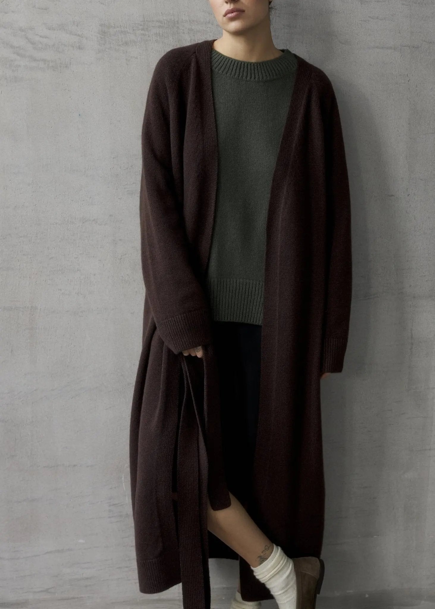 Long Cashmere Cardigan with Belt in Brown - NiSO