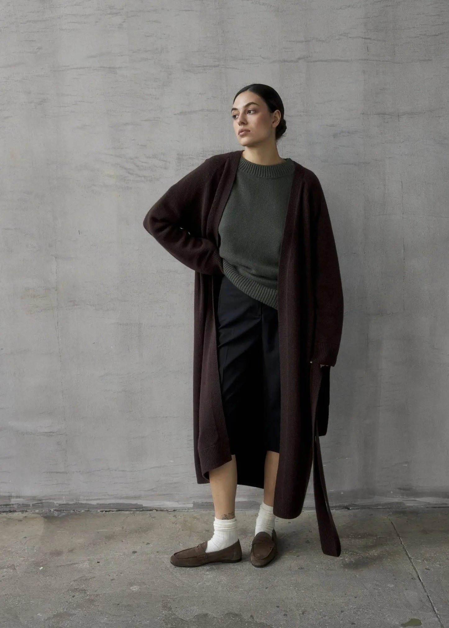 Long Cashmere Cardigan with Belt in Brown - NiSO