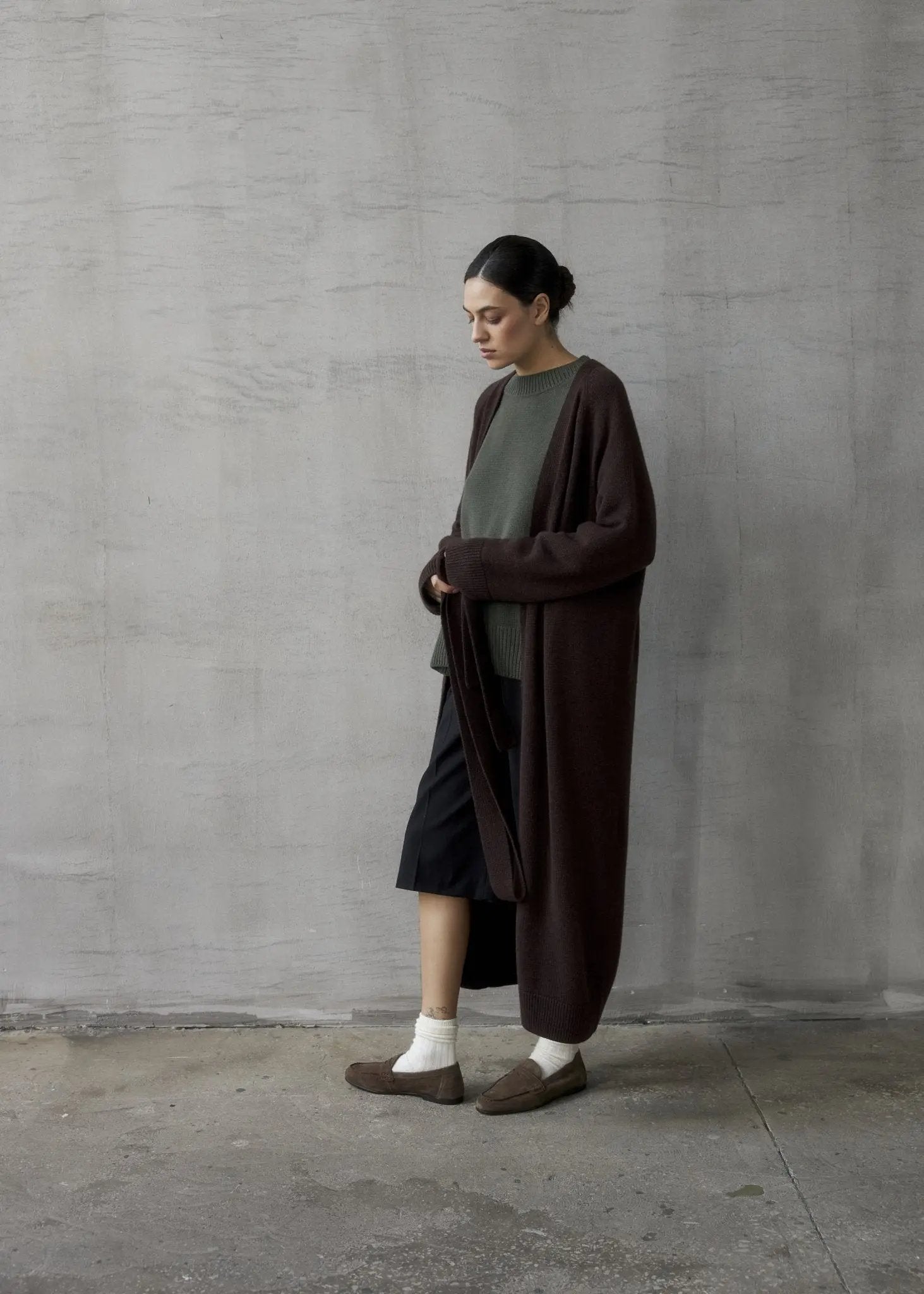 Long Cashmere Cardigan with Belt in Brown - NiSO