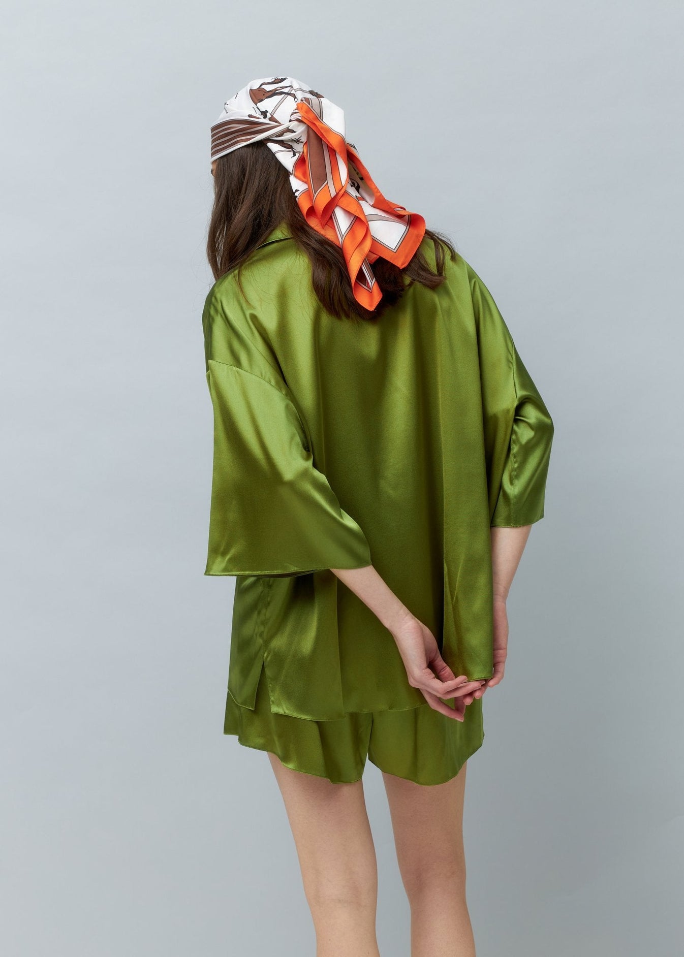 Pure Silk Blouse and Shorts Set in Green NiSO