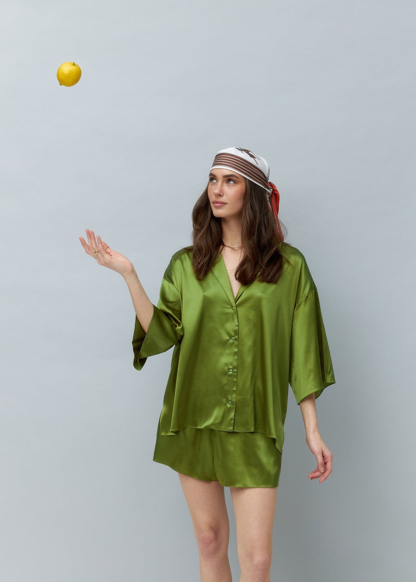 Pure Silk Blouse and Shorts Set in Green NiSO