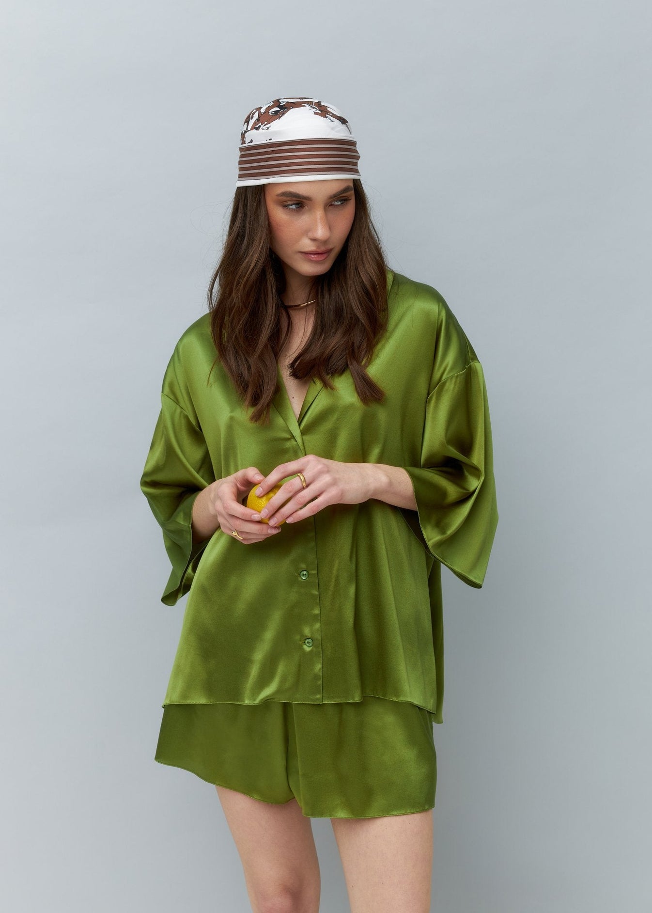 Pure Silk Blouse and Shorts Set in Green NiSO