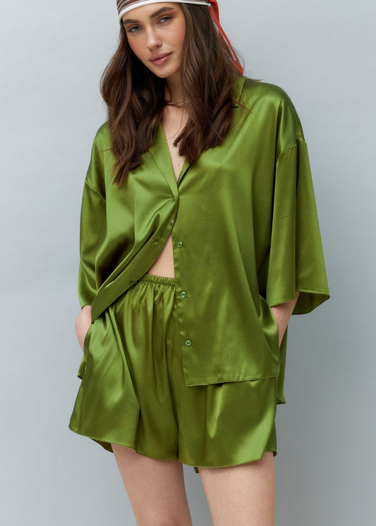 Pure Silk Blouse and Shorts Set in Green NiSO