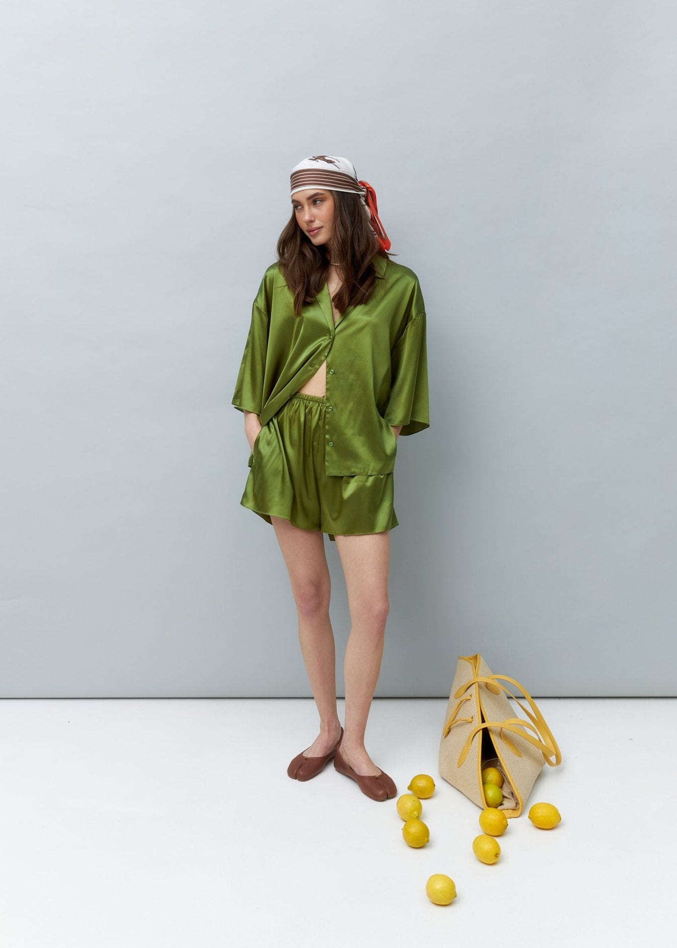 Pure Silk Blouse and Shorts Set in Green NiSO