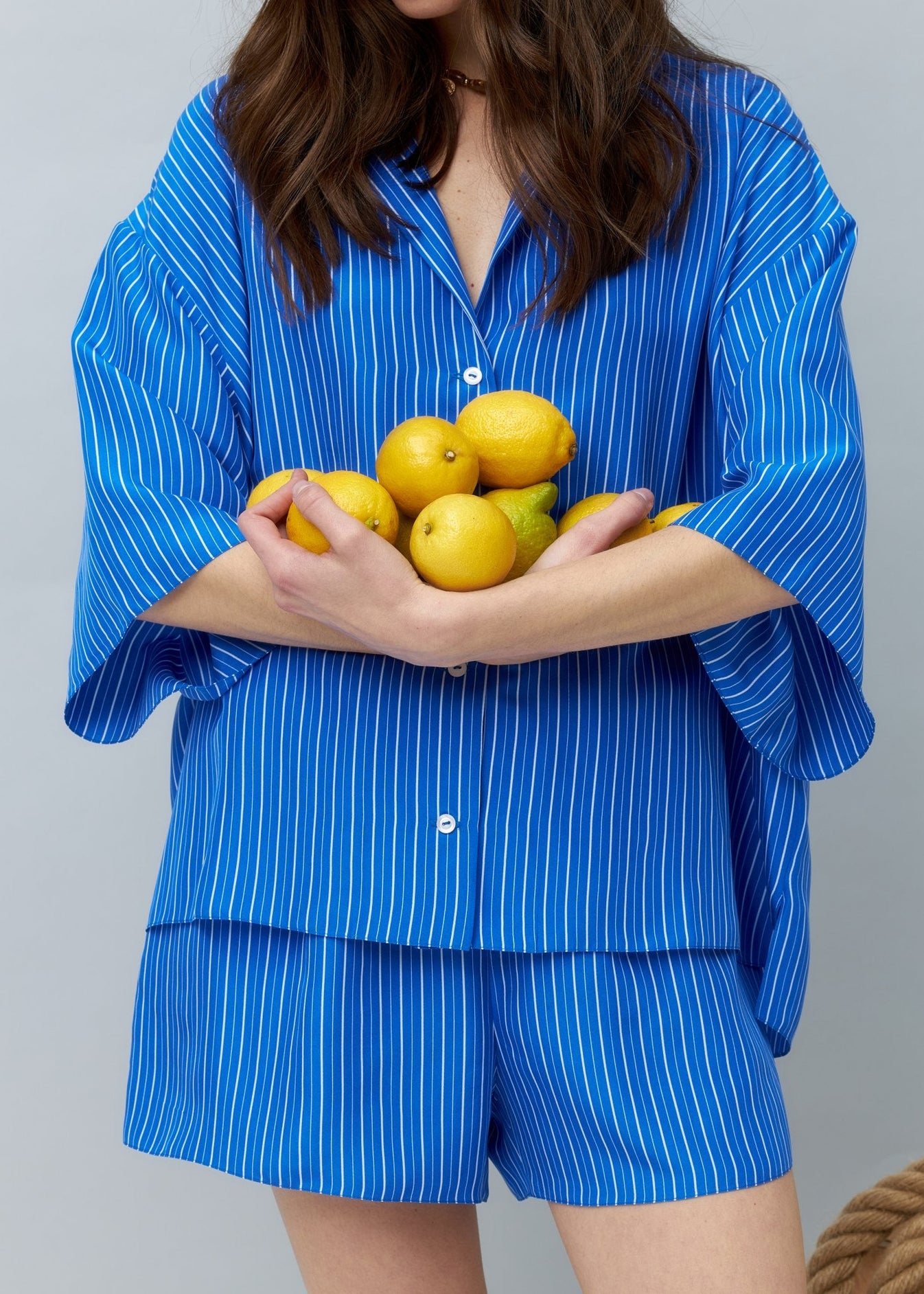 Pure Silk Blouse and Shorts Set in Blue with Stripes NiSO
