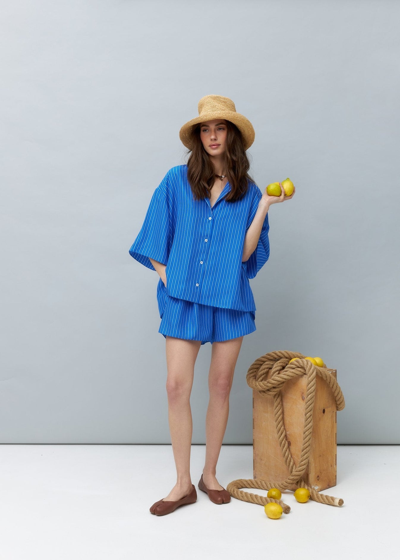 Pure Silk Blouse and Shorts Set in Blue with Stripes NiSO