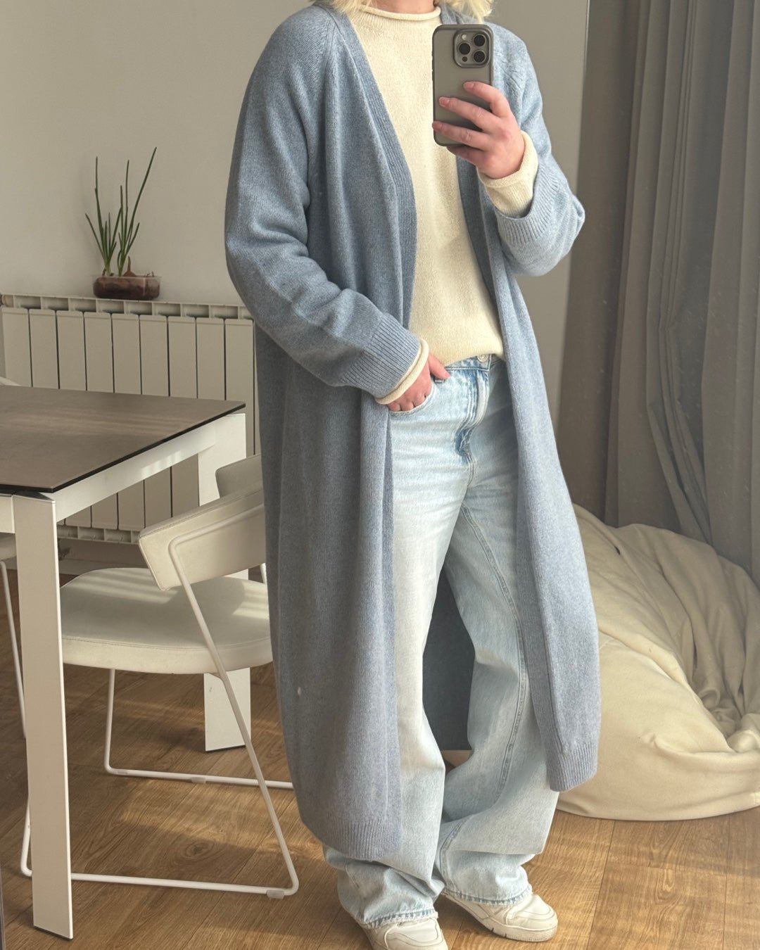 Long Cashmere Cardigan with Belt in Jeans Blue NiSO