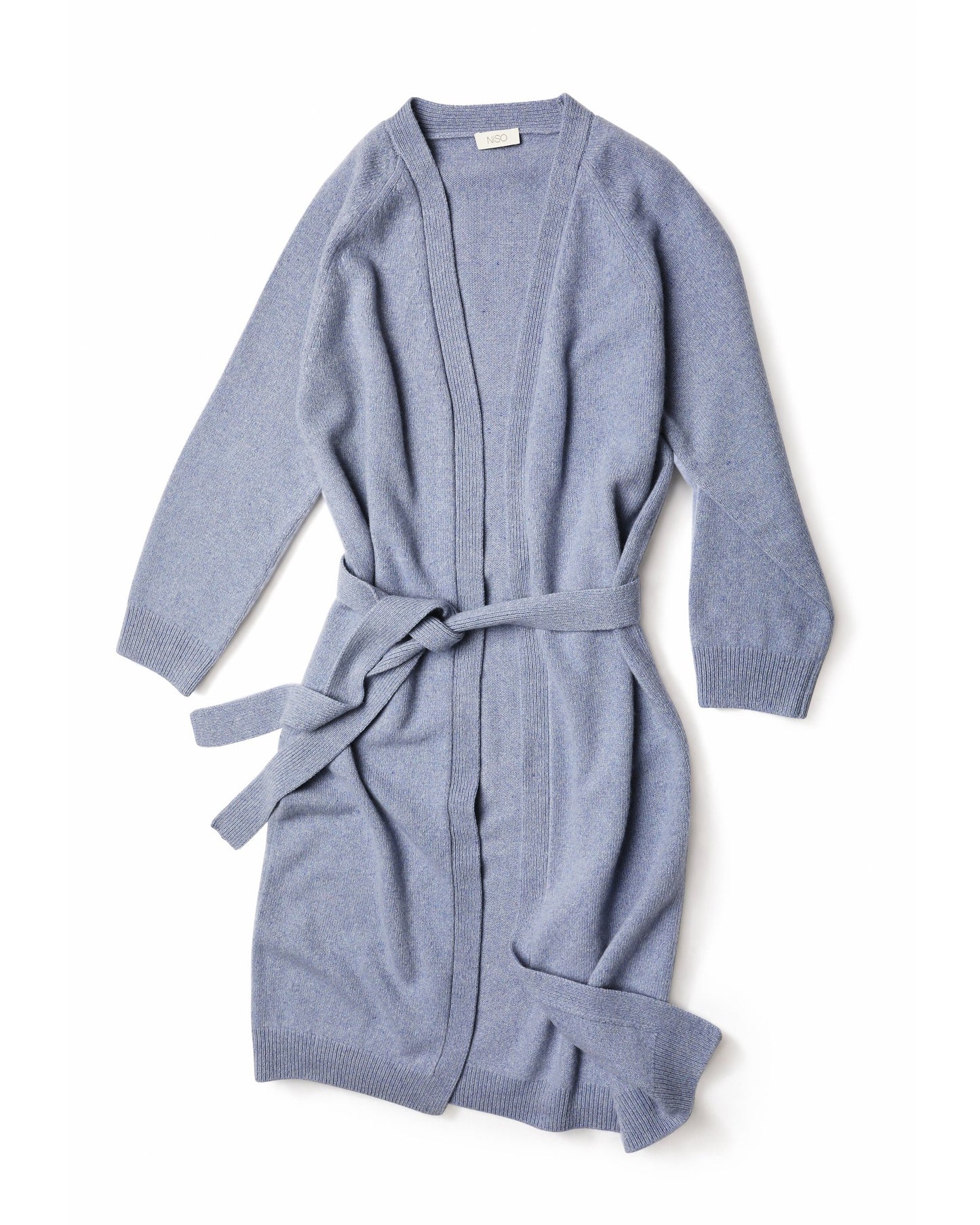 Long Cashmere Cardigan with Belt in Jeans Blue