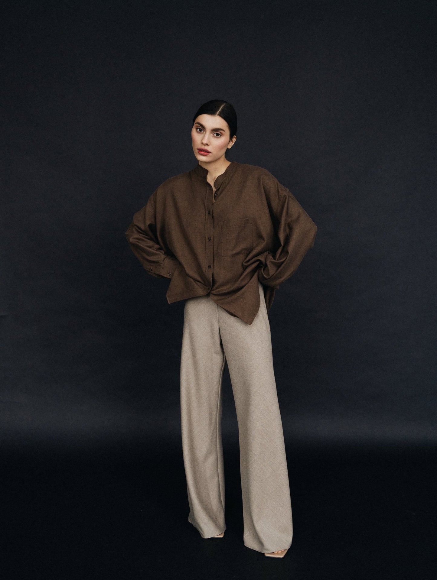 Asymmetric Polished Wool Blouse in Umber