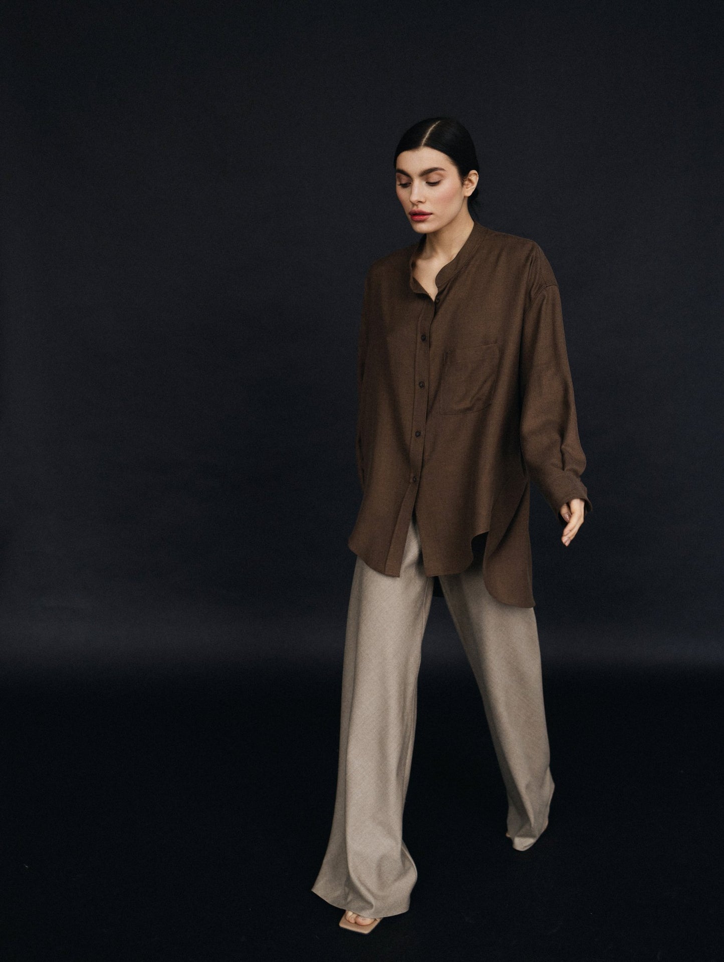 Asymmetric Polished Wool Blouse in Umber