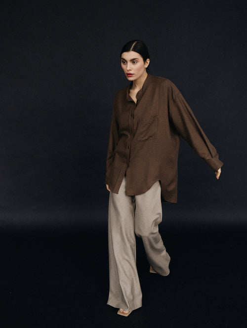 Asymmetric Polished Wool Blouse in Umber