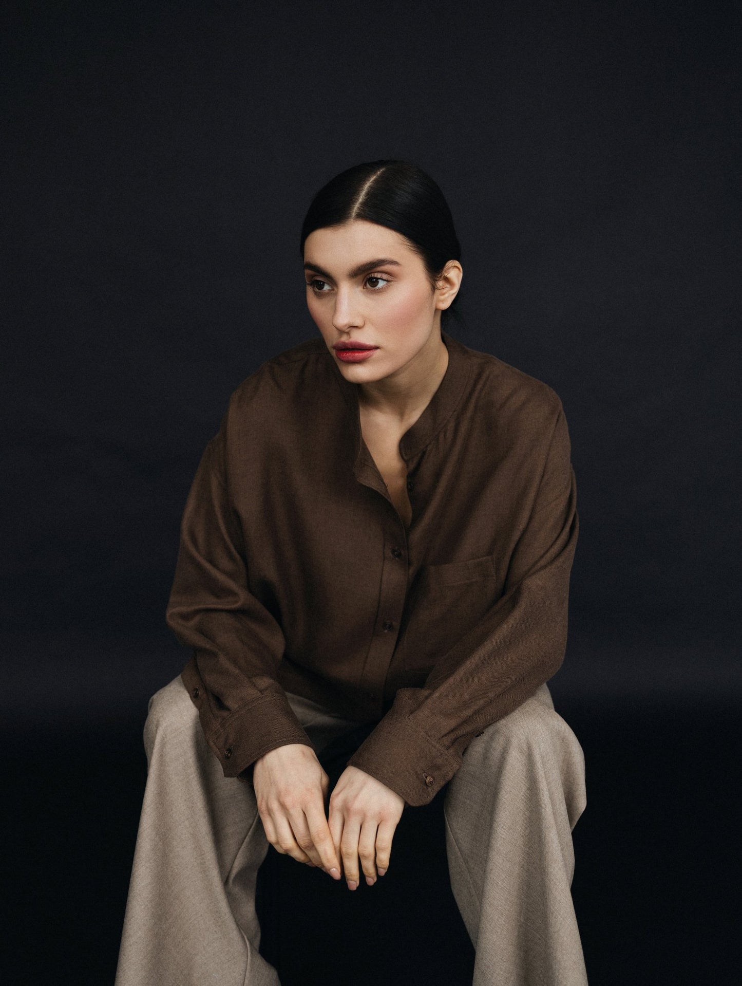 Asymmetric Polished Wool Blouse in Umber