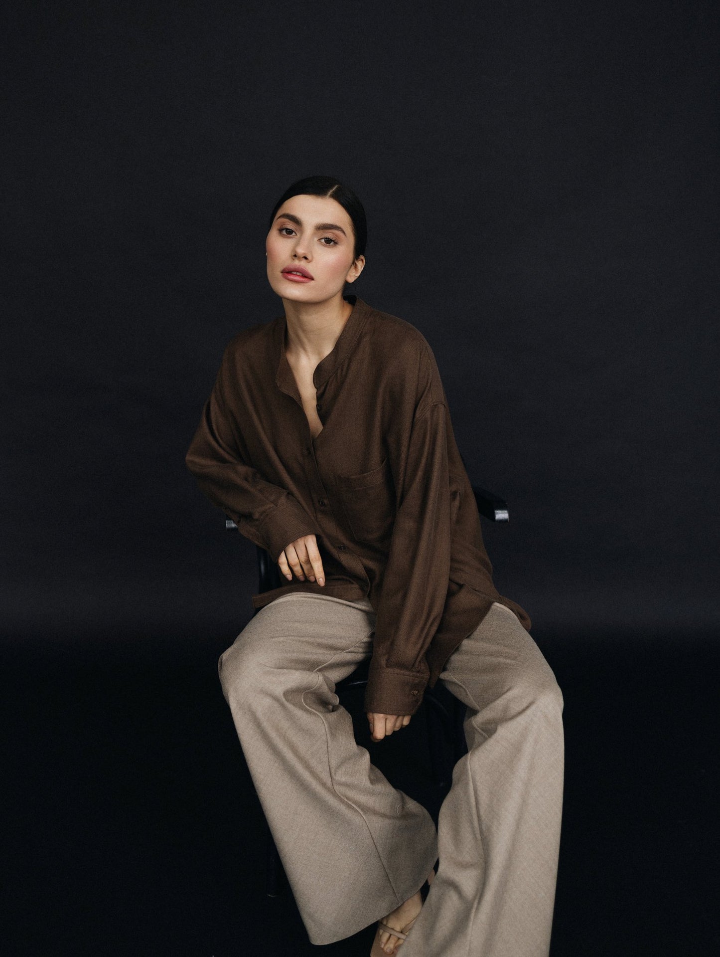 Asymmetric Polished Wool Blouse in Umber