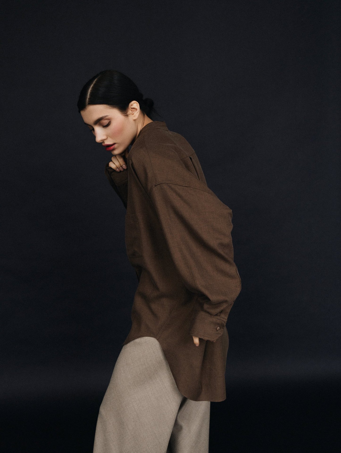 Asymmetric Polished Wool Blouse in Umber
