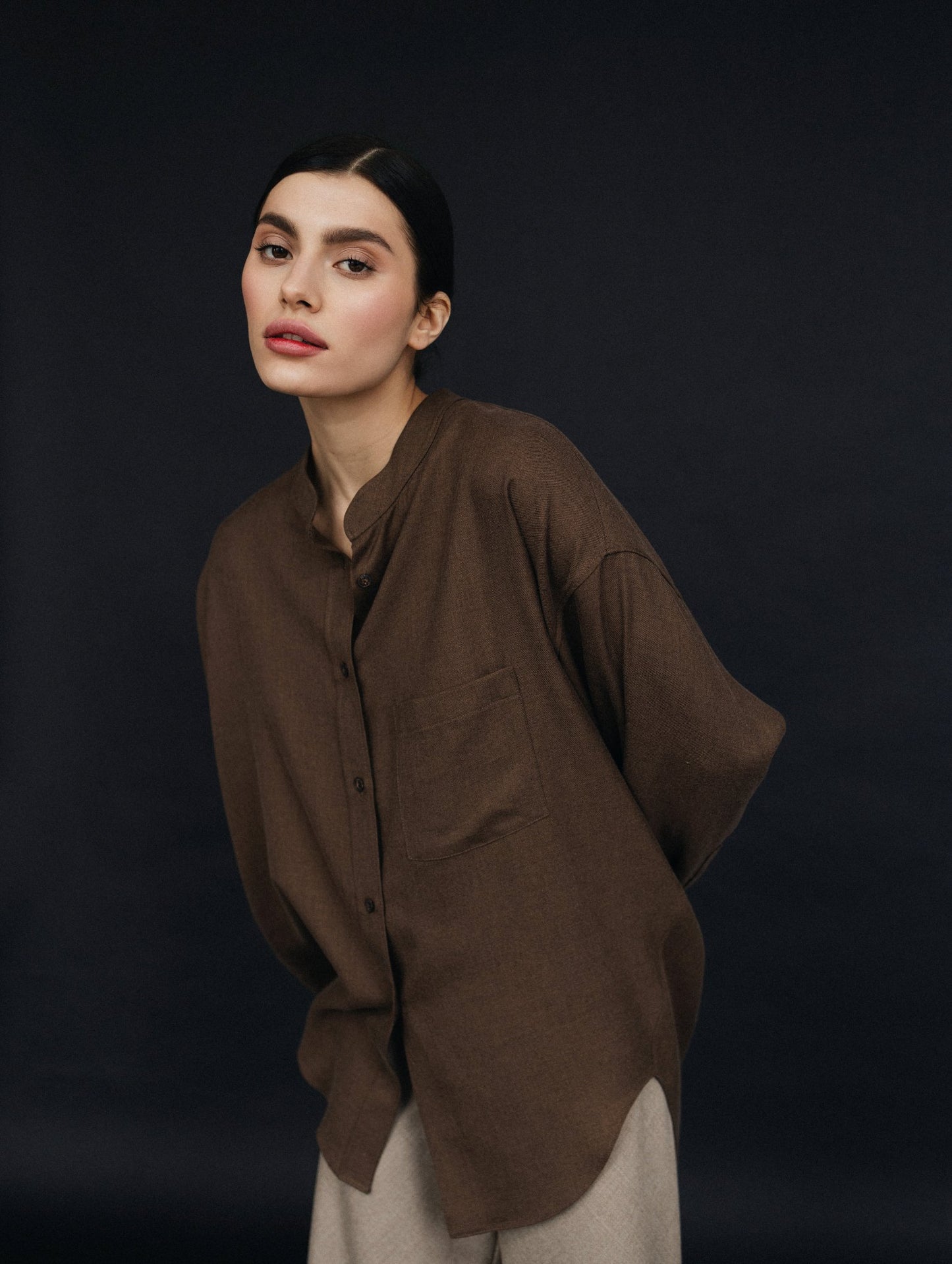Asymmetric Polished Wool Blouse in Umber