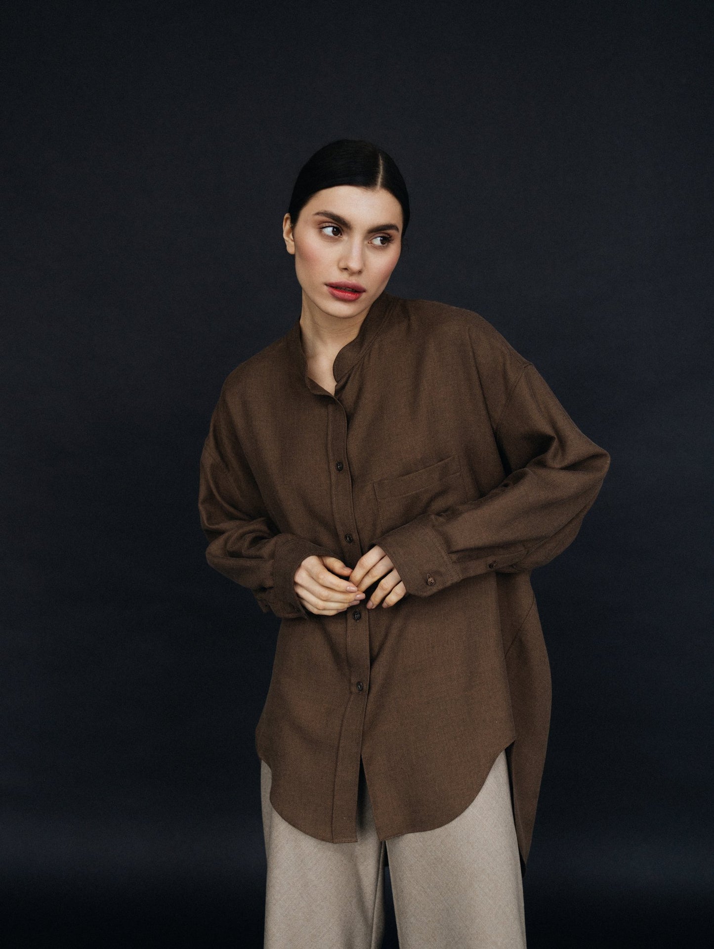Asymmetric Polished Wool Blouse in Umber