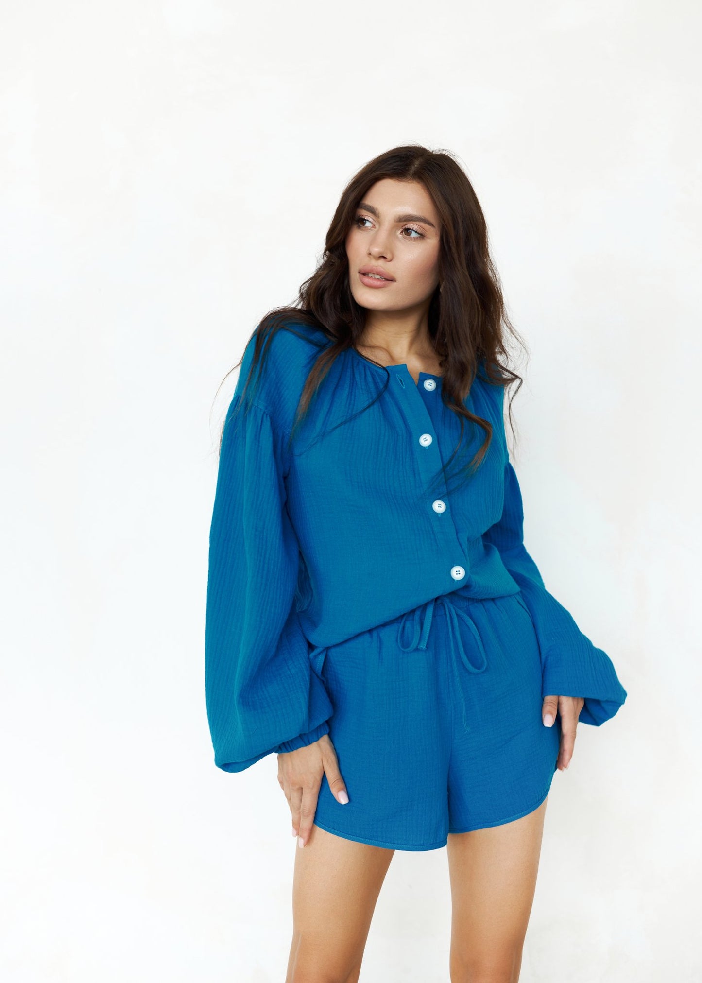 Spanish Muslin Blouse and Shorts Set Moroccan Blue