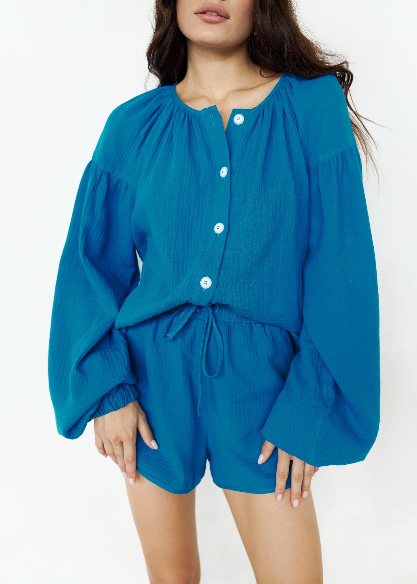 Spanish Muslin Blouse and Shorts Set Moroccan Blue