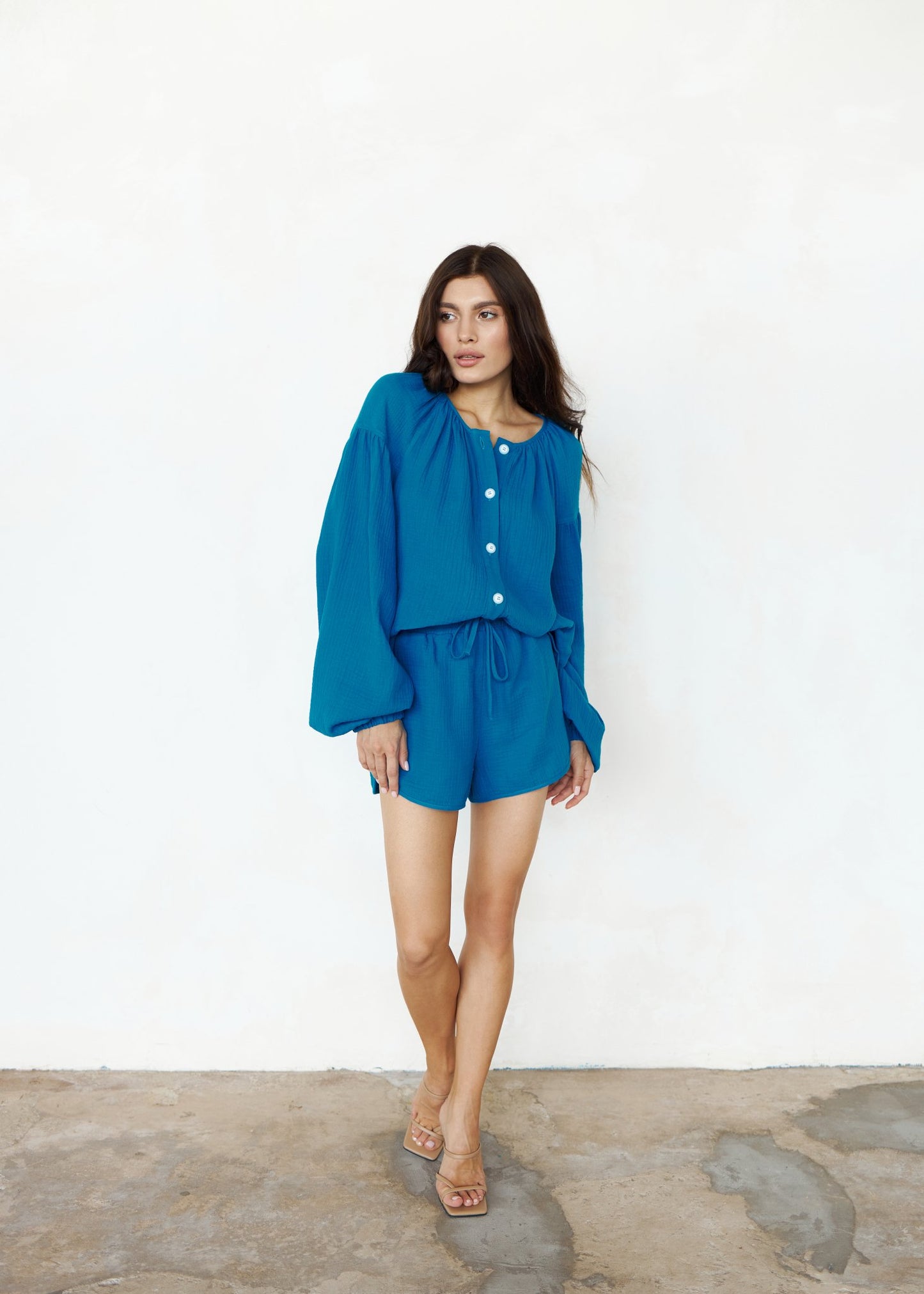 Spanish Muslin Blouse and Shorts Set Moroccan Blue