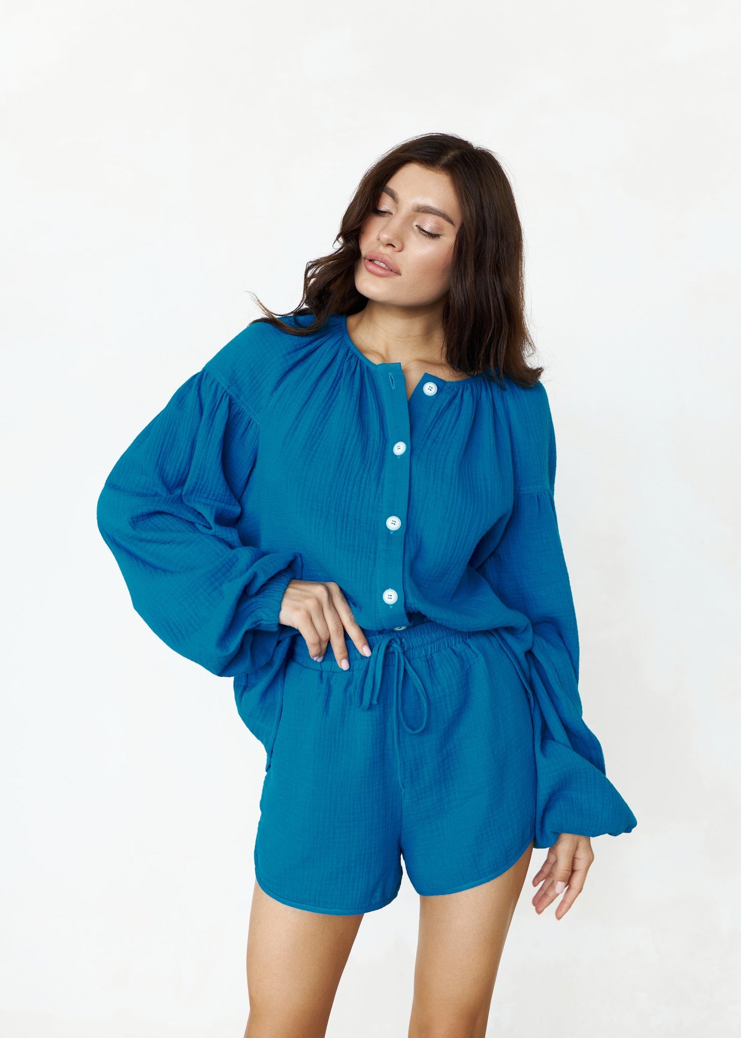 Spanish Muslin Blouse and Shorts Set Moroccan Blue