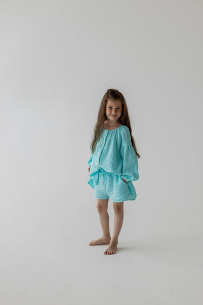 Kids Muslin Set with Shorts in Aqua - NiSO